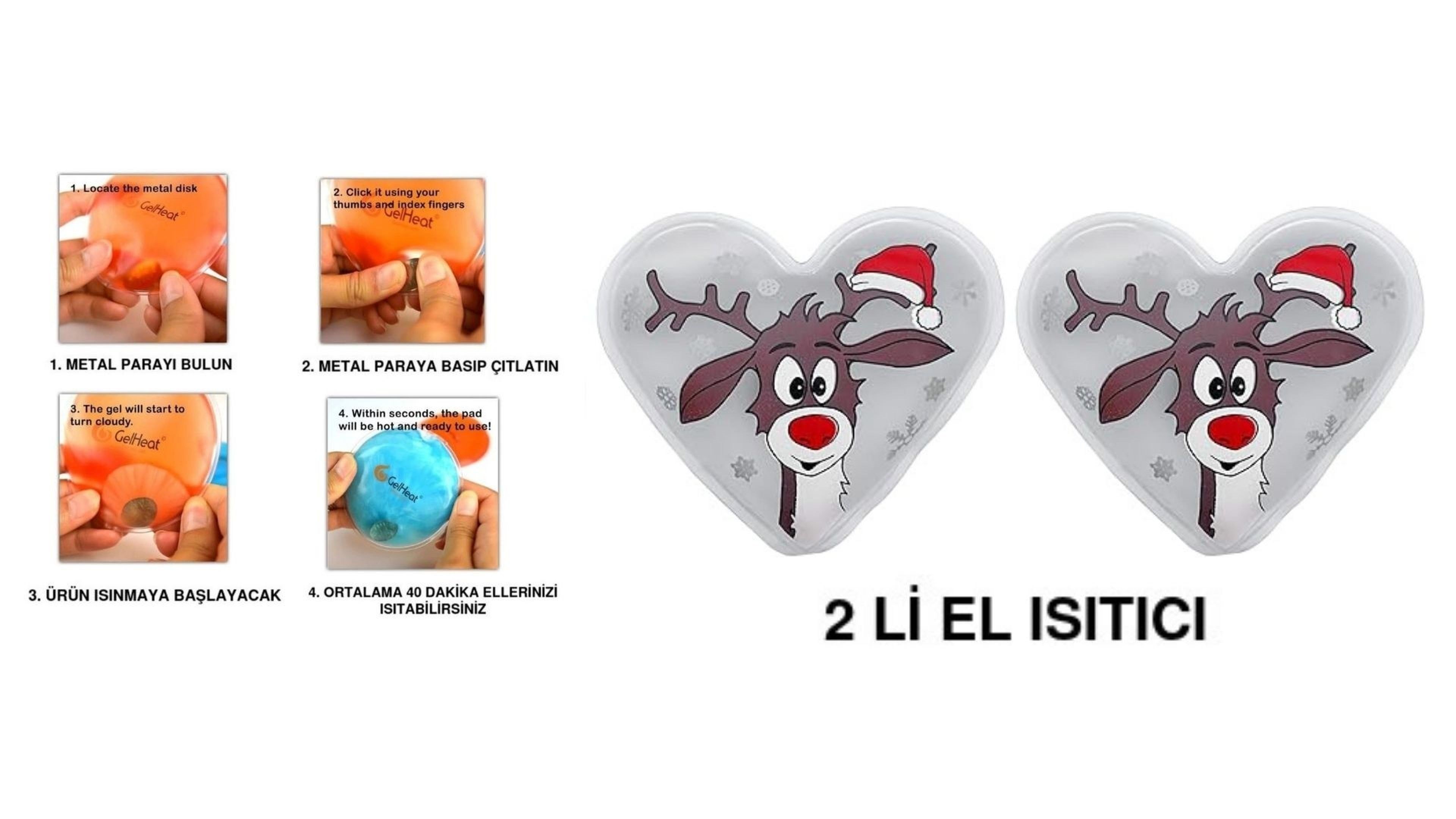 Kalp Geyik Cep Sobası,El Isıtıcı,İki Adet Sıcak Su Torbası Pvc Beyaz 9Cm