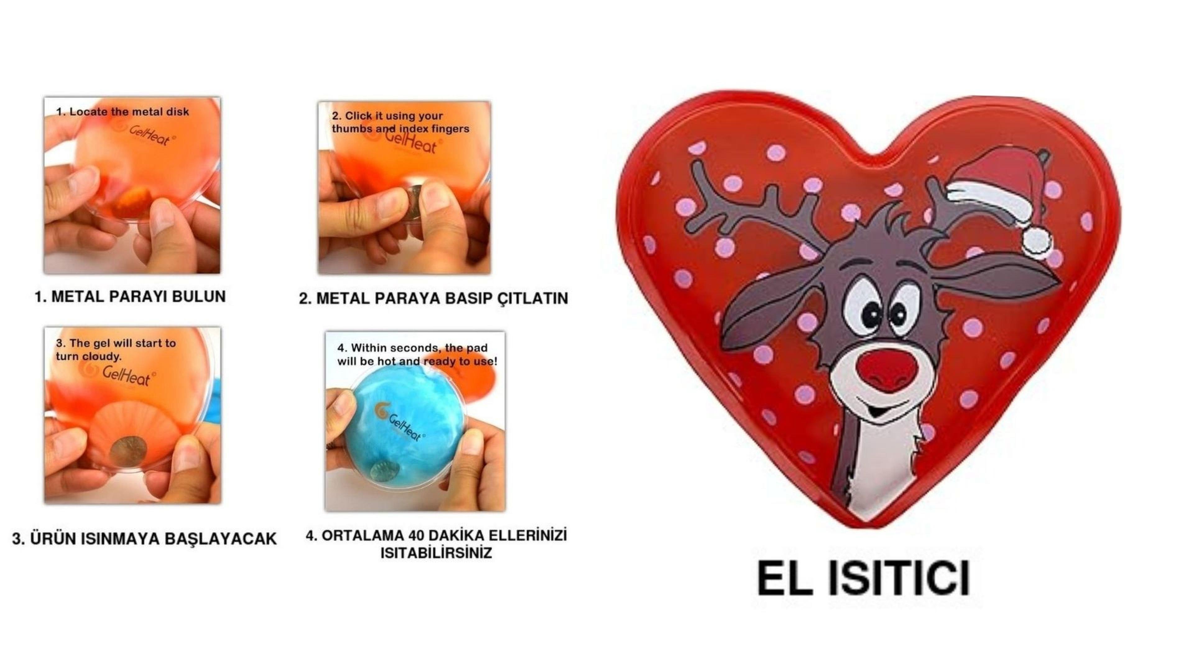 Kalp  Geyik Cep Sobası,El Isıtıcı,Sıcak Su Torbası Pvc Kırmızı  9Cm