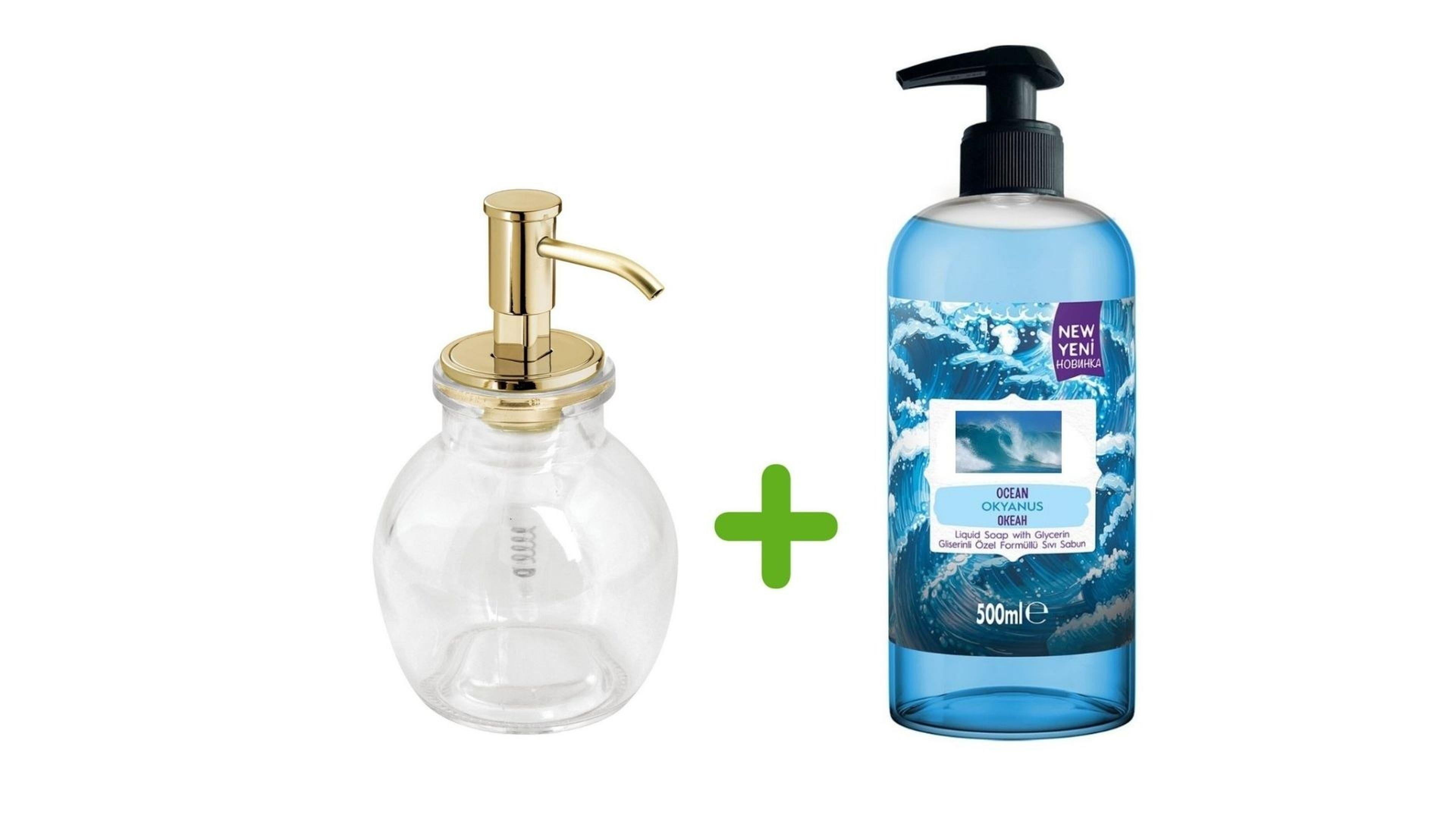 Oval Cam Sıvı Sabunluk Ve 1 Adet 500 Ml Sıvı Sabun Okyanus Kokulu
