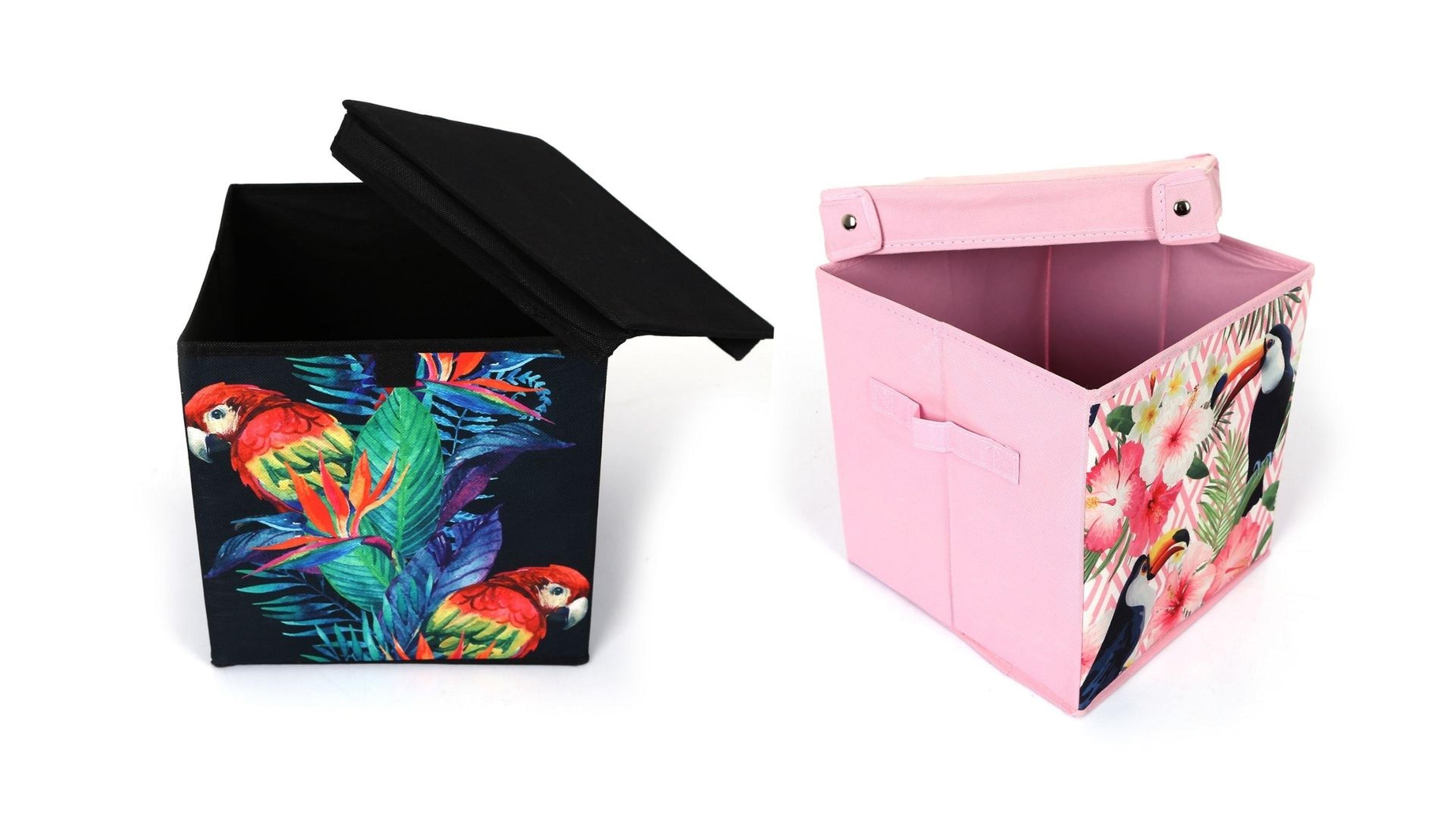 Oyuncak Kutusu 2 Li Set Saklama Kutusu Kapaklı Papağan Desen Kumaş 28X28X28Cm