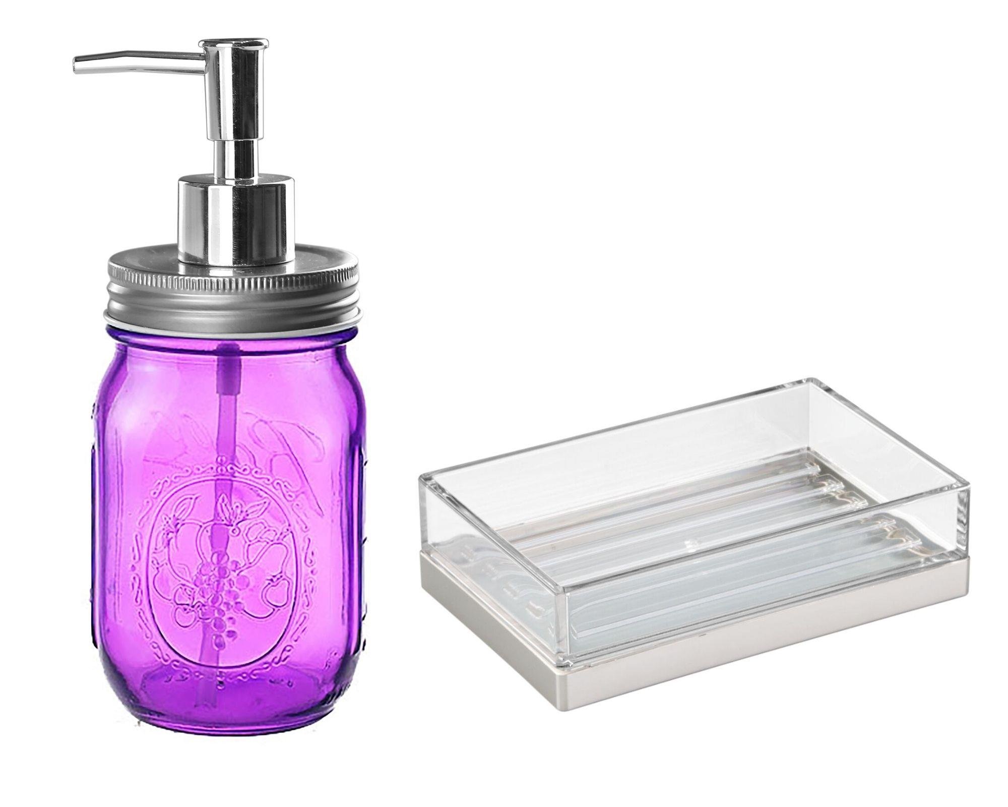 Pembe Cam Sıvı Sabunluk Ve Akrilik Sabunluk 2 Li Banyo Seti