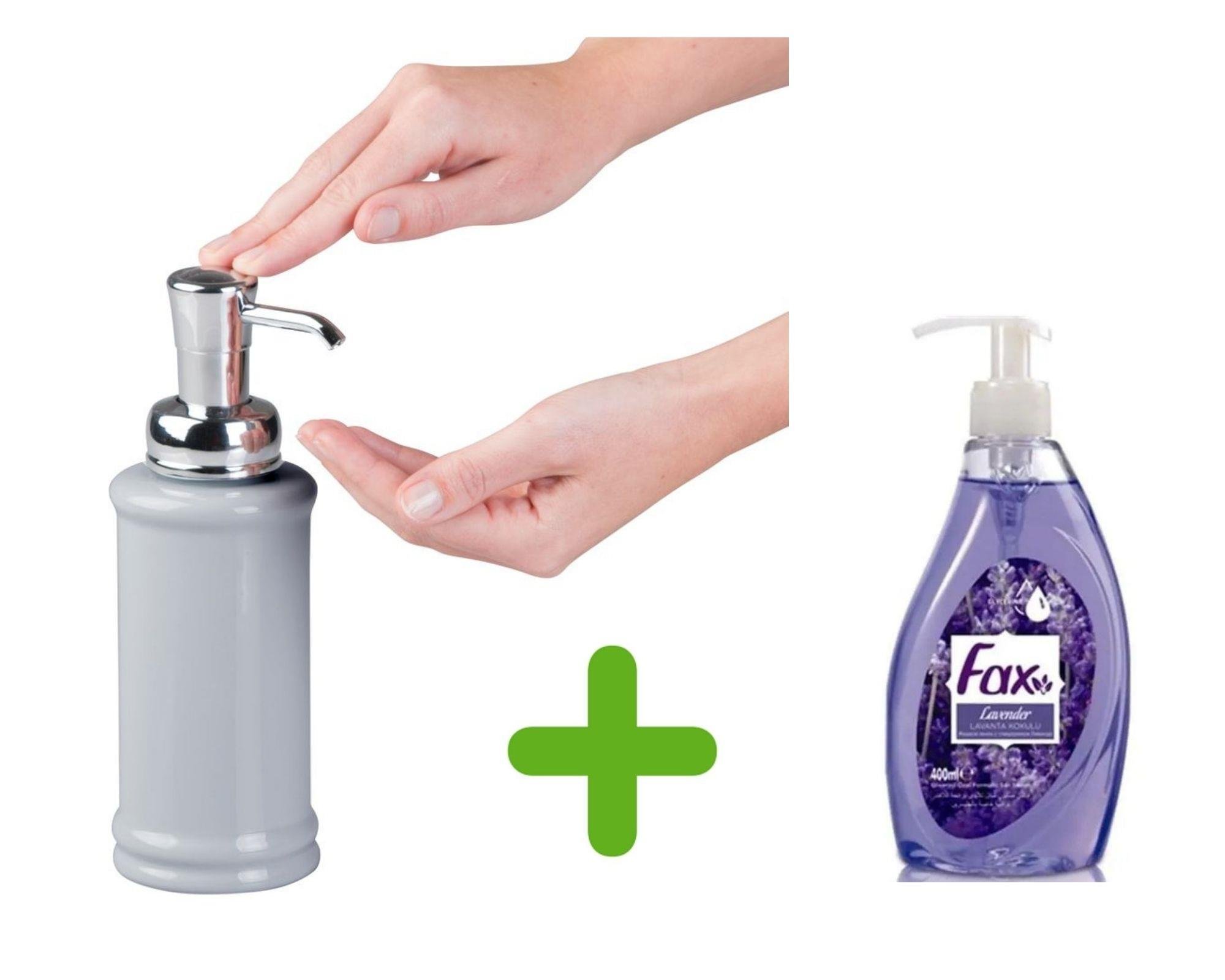 Porselen Gri Sıvı Sabunluk Ve 1 Adet 500 Ml Sıvı Sabun Lavanta Kokulu