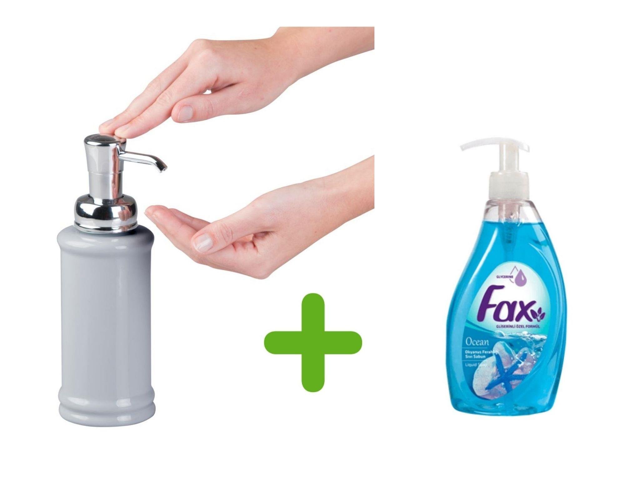 Porselen Gri Sıvı Sabunluk Ve 1 Adet 500 Ml Sıvı Sabun Okyanus Kokulu