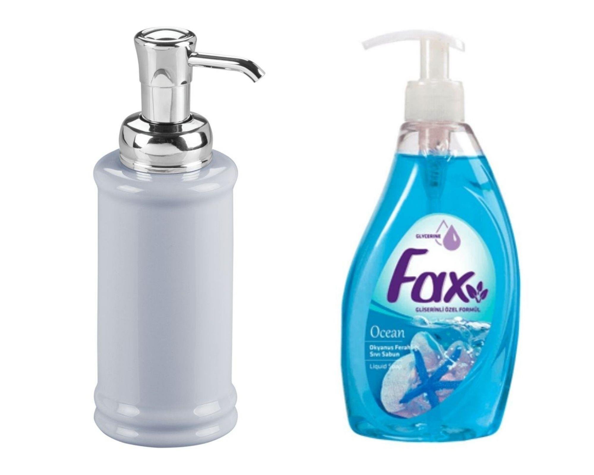 Porselen Gri Sıvı Sabunluk Ve 1 Adet 500 Ml Sıvı Sabun Okyanus Kokulu