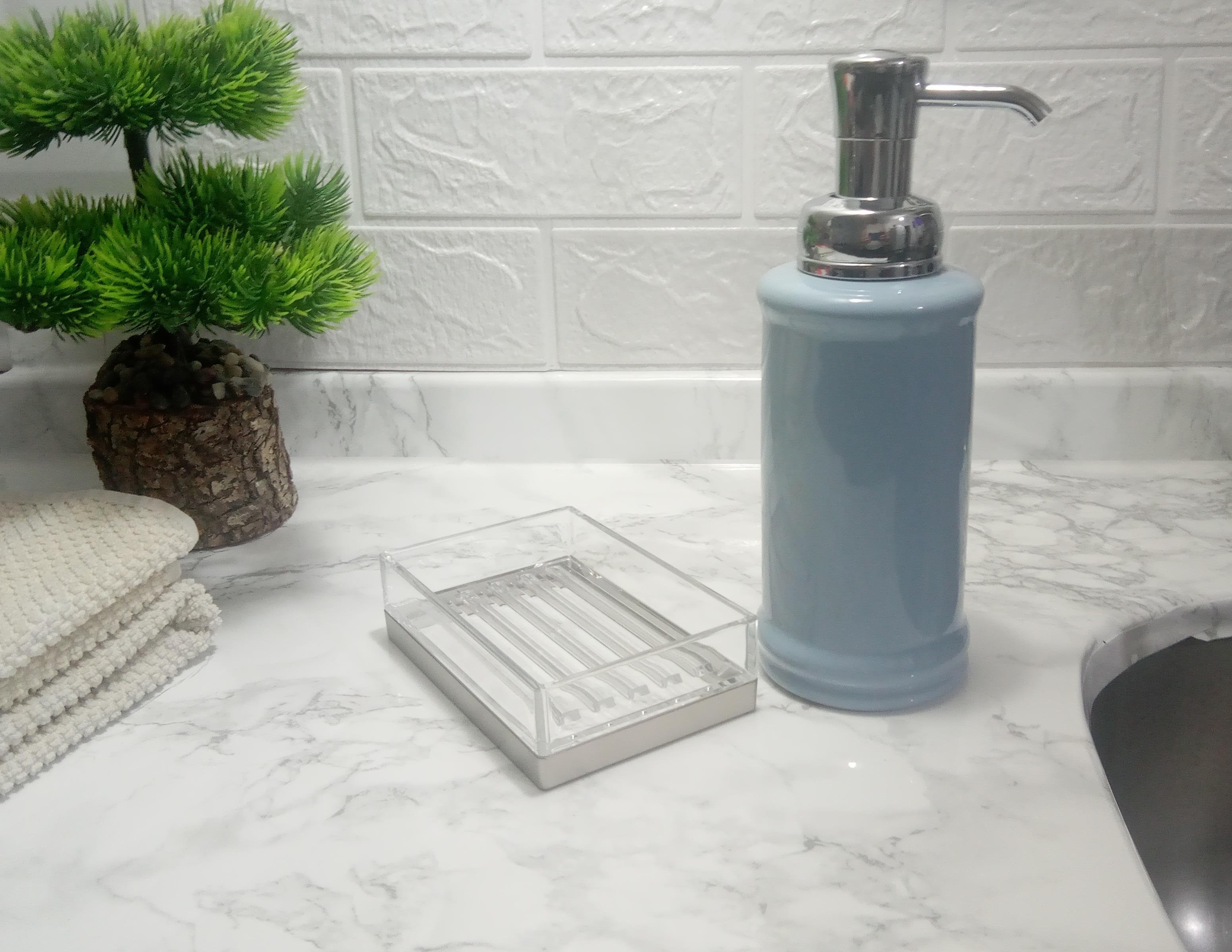 Porselen Sıvı Sabunluk Ve Akrilik Sabunluk 2 Li Banyo Seti