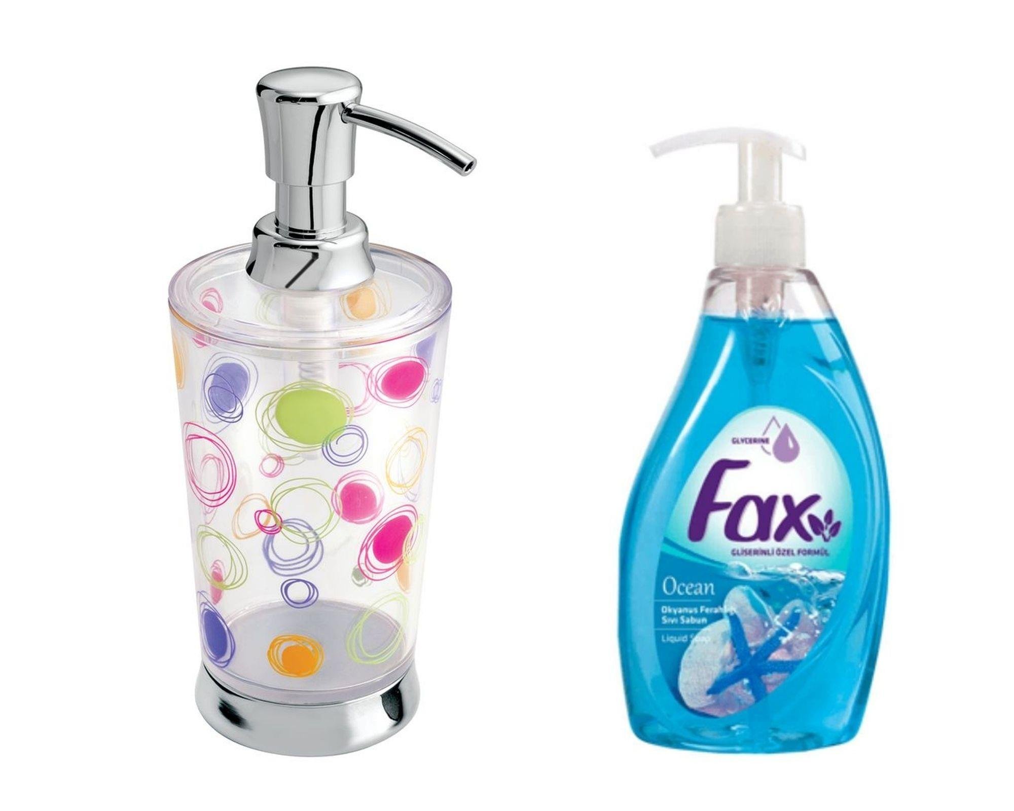 Renkli Halkalı Akrilik Sıvı Sabunluk Ve 1 Adet 500 Ml Sıvı Sabun Okyanus Kokulu