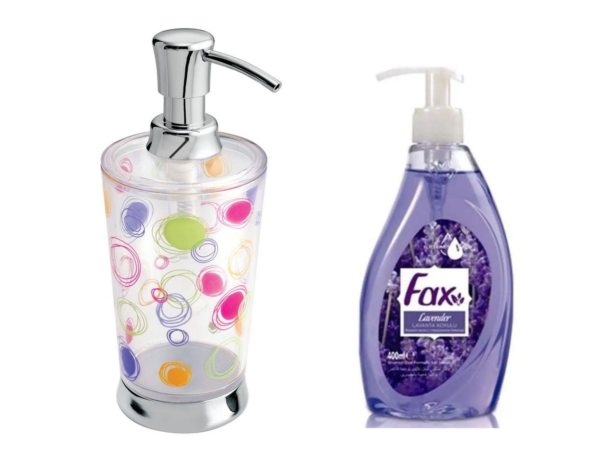 Renkli Halkalı Akrilik Sıvı Sabunluk Ve 1 Adet 500 Ml Sıvı Sabun Lavanta Kokulu