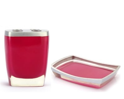 Sabunluk diş firçalik 2 Li Banyo Seti,Gri Pembe Poliresin