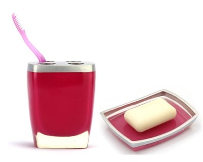 Sabunluk diş firçalik 2 Li Banyo Seti,Gri Pembe Poliresin