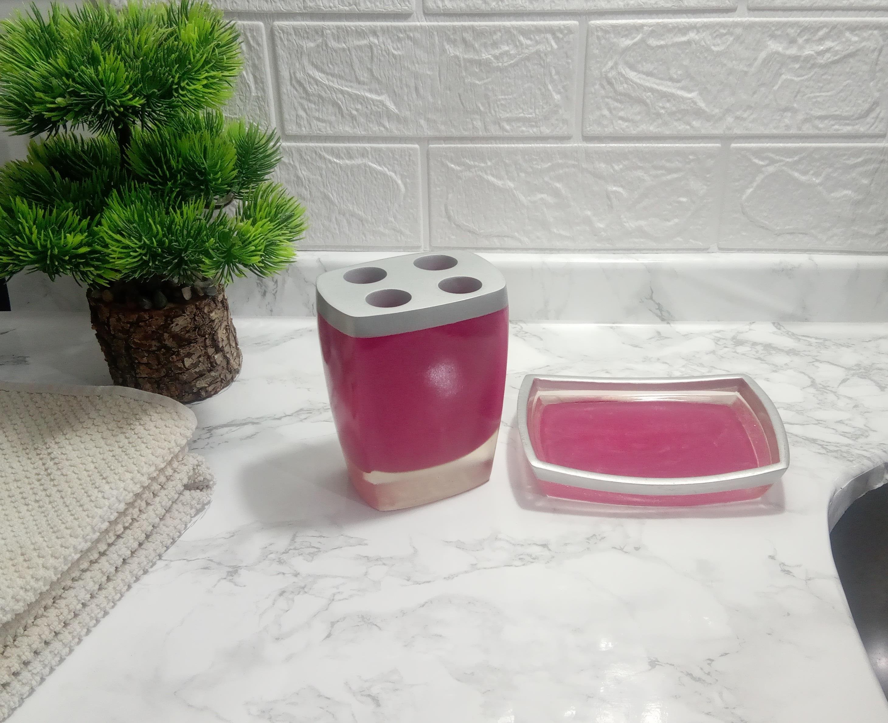 Sabunluk Diş Firçalik 2 Li Banyo Seti,Gri Pembe Poliresin