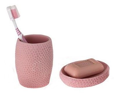 Sabunluk diş firçalik 2 Li Banyo Seti,Pembe Petek Model,Poliresin