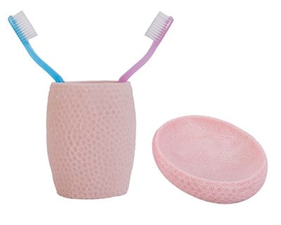 Sabunluk diş firçalik 2 Li Banyo Seti,Pembe Petek Model,Poliresin