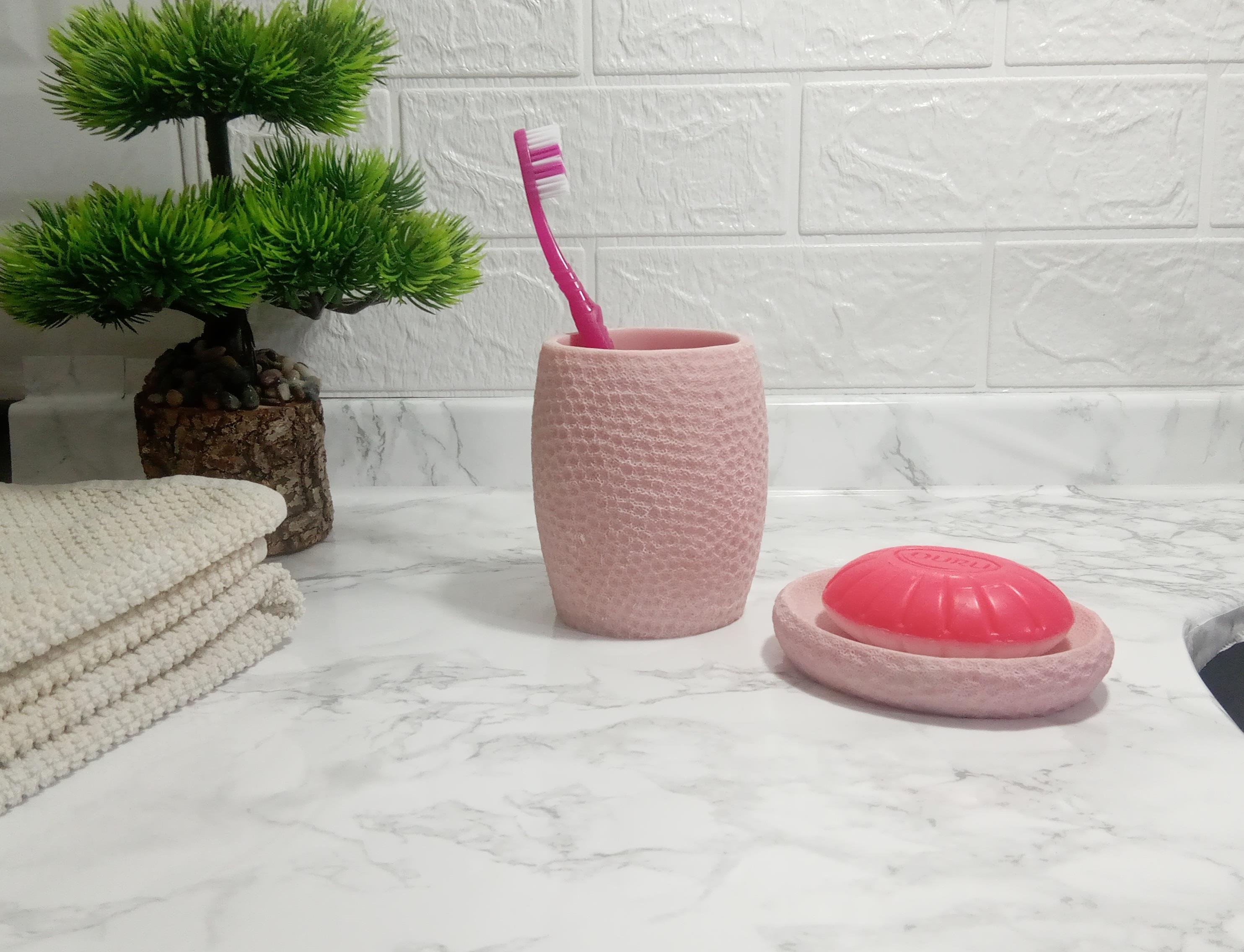 Sabunluk Diş Firçalik 2 Li Banyo Seti,Pembe Petek Model,Poliresin