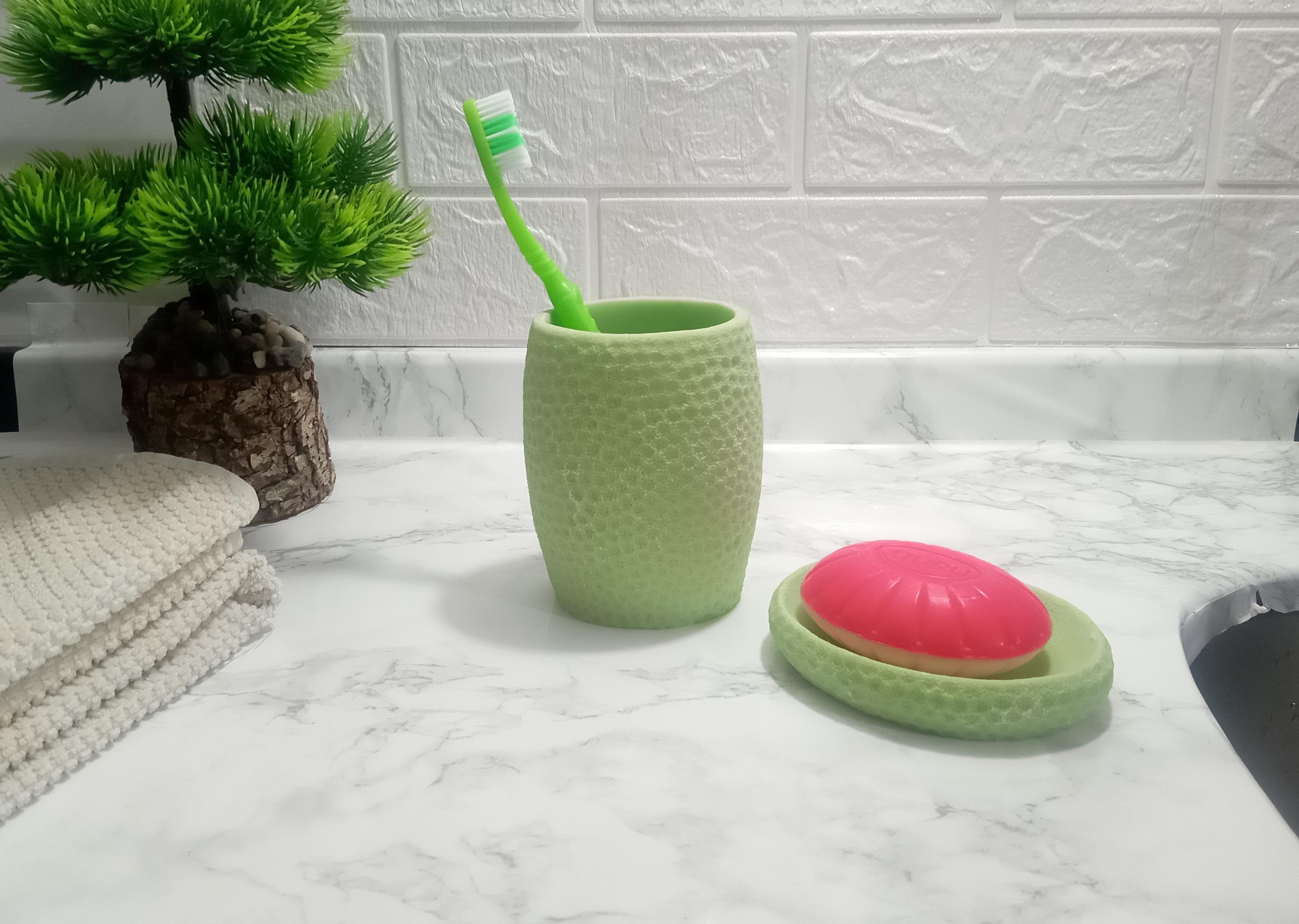 Sabunluk Diş Firçalik 2 Li Banyo Seti,Yeşil Petek Model,Poliresin