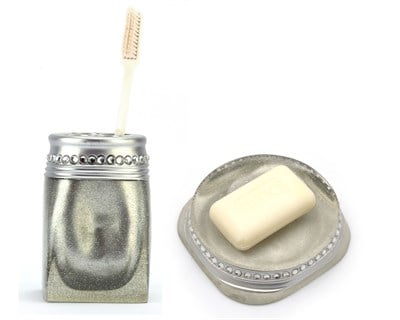 Sabunluk diş fircalik 2li  Banyo Seti,kristal Taşlı Gümüş Poliresin