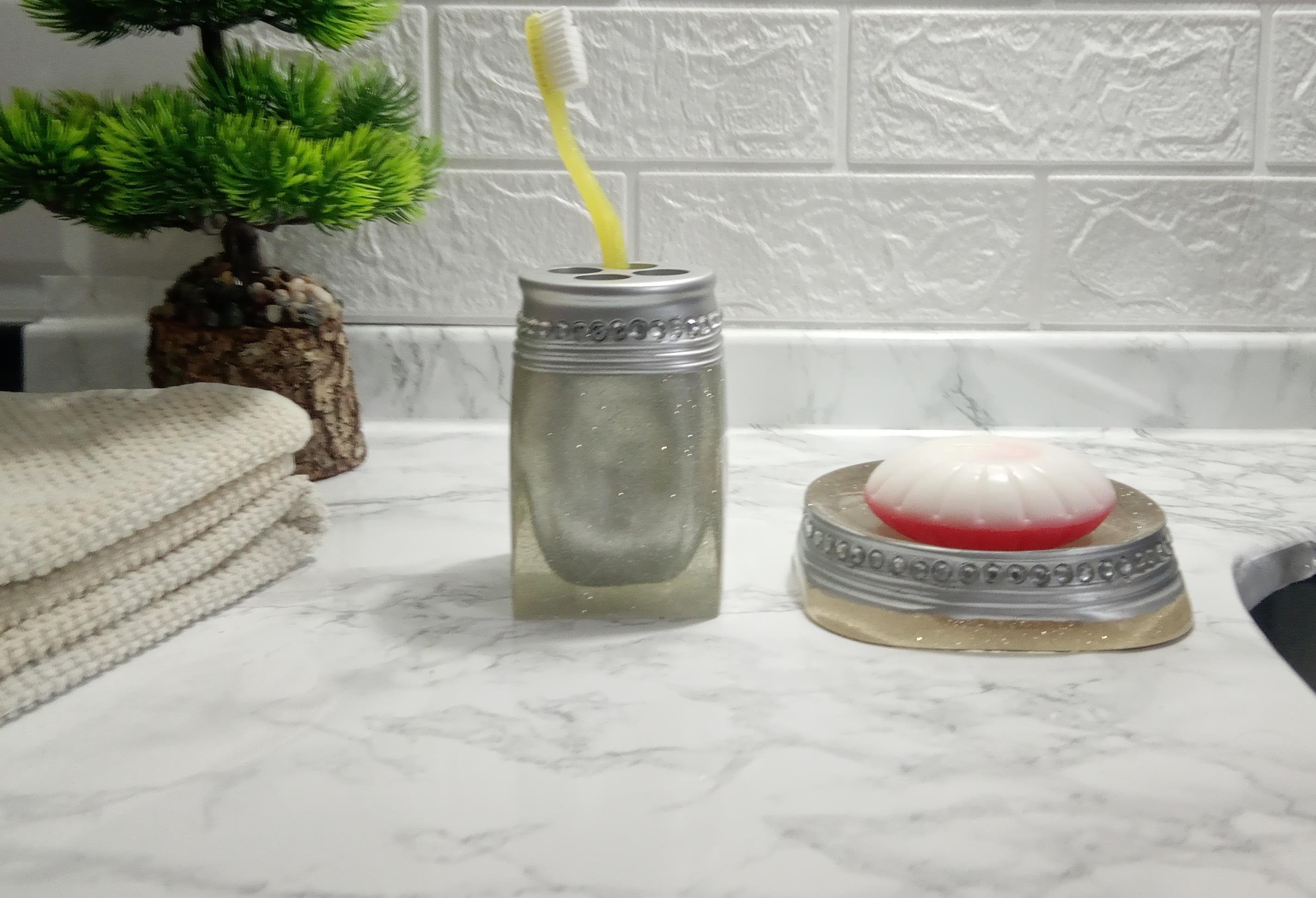 Sabunluk Diş Fircalik 2Li  Banyo Seti,Kristal Taşlı Gümüş Poliresin