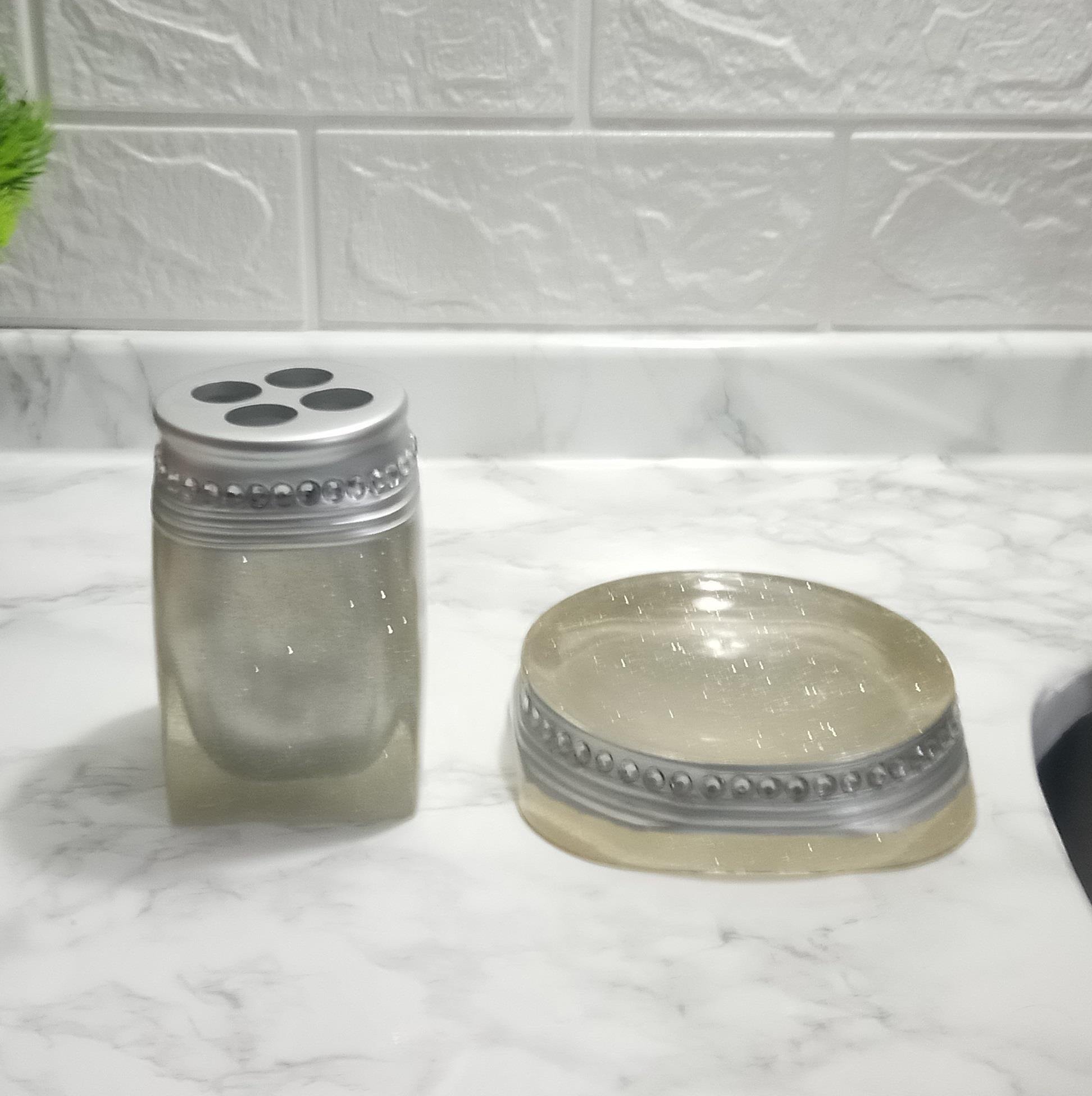 Sabunluk Diş Fircalik 2Li  Banyo Seti,Kristal Taşlı Gümüş Poliresin