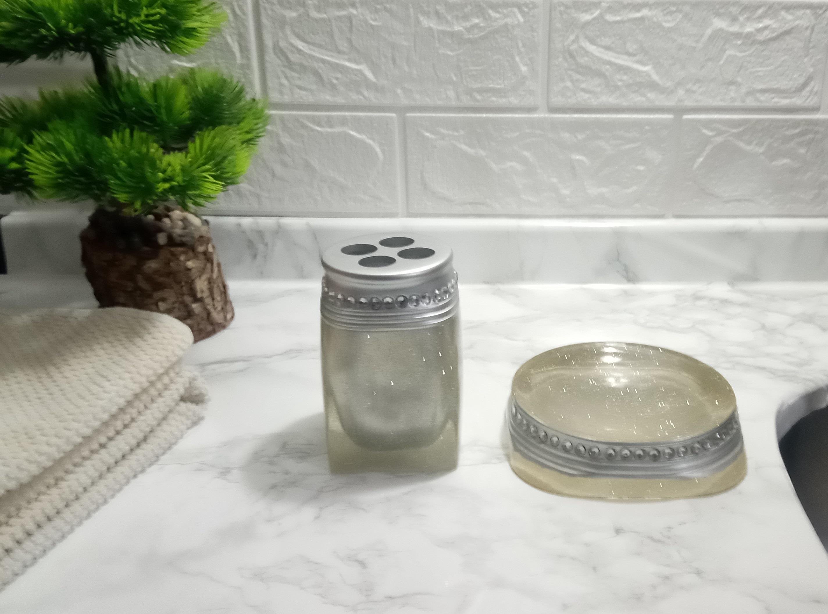 Sabunluk Diş Fircalik 2Li  Banyo Seti,Kristal Taşlı Gümüş Poliresin