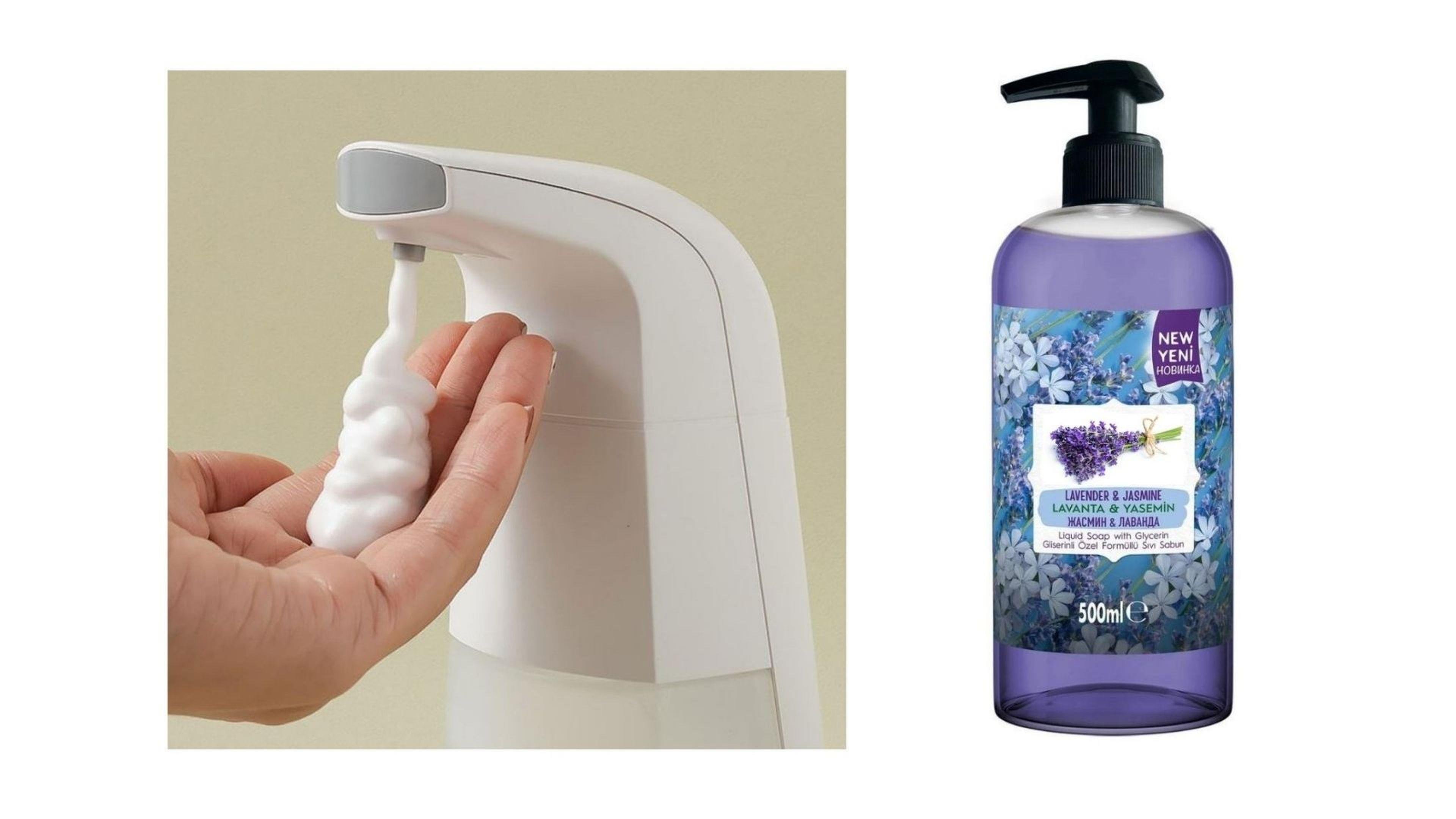 Sensörlü Fotoselli Sıvı Sabunluk 21x5x10cm ve 1 adet 400 ml Sıvı Sabun Lavanta Kokulu
