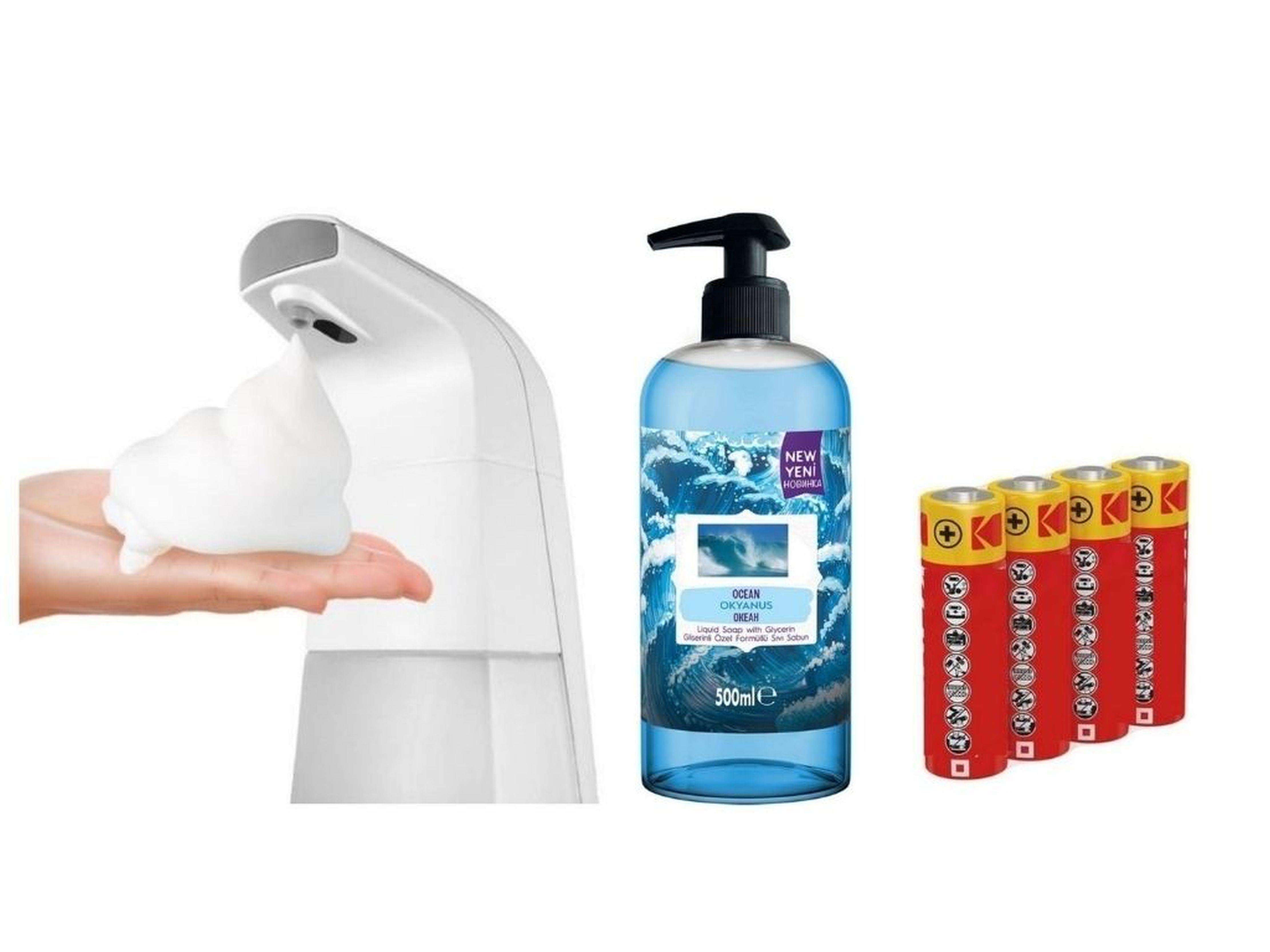 Sensörlü Fotoselli Sıvı Sabunluk,Piller Dahil 21X10X5Cm Ve Bir Adet 500 Ml Sıvı Sabun Okyanus Kokulu