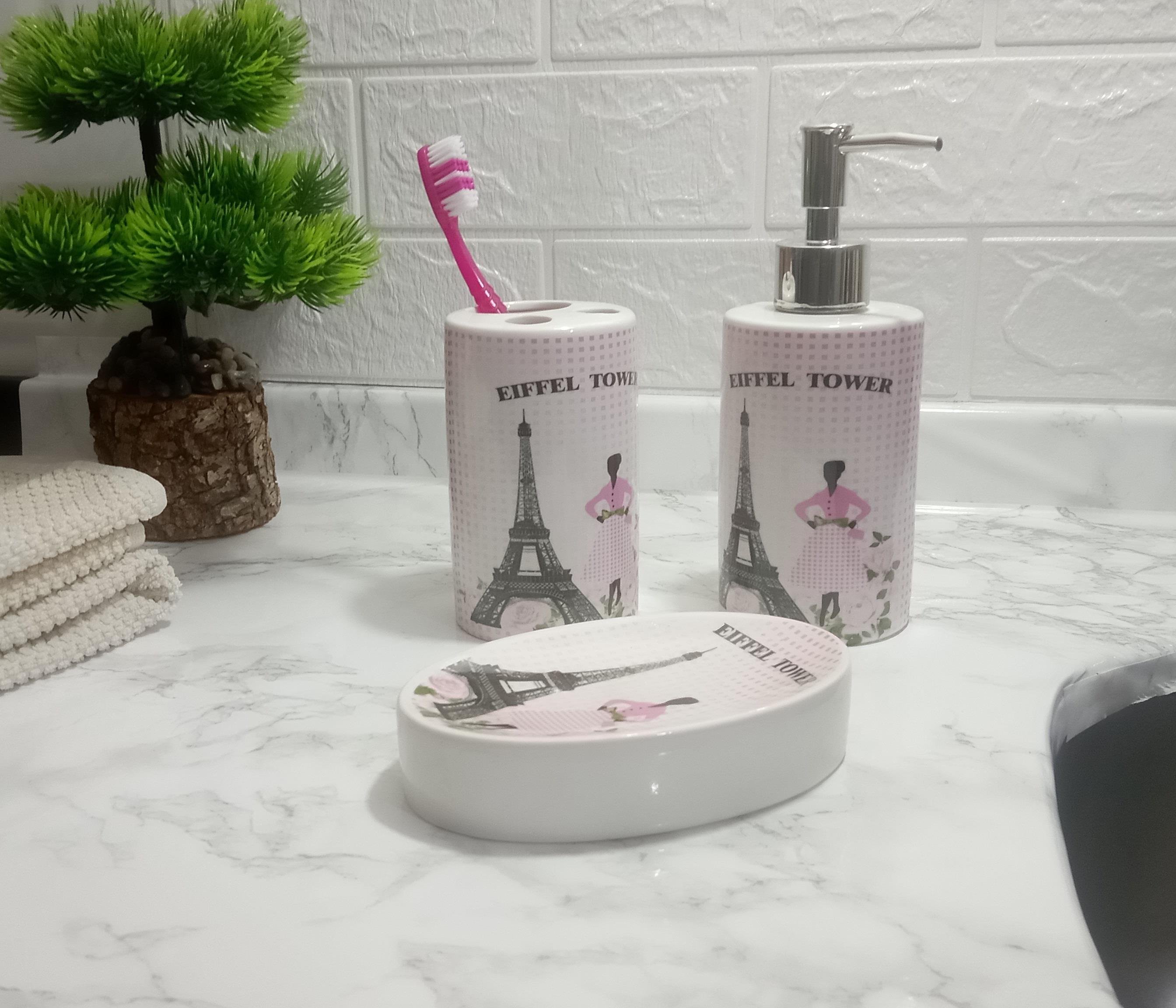 Seramik 3 Lü Banyo Seti Eyfel Kulesi Model 20X20X10Cm