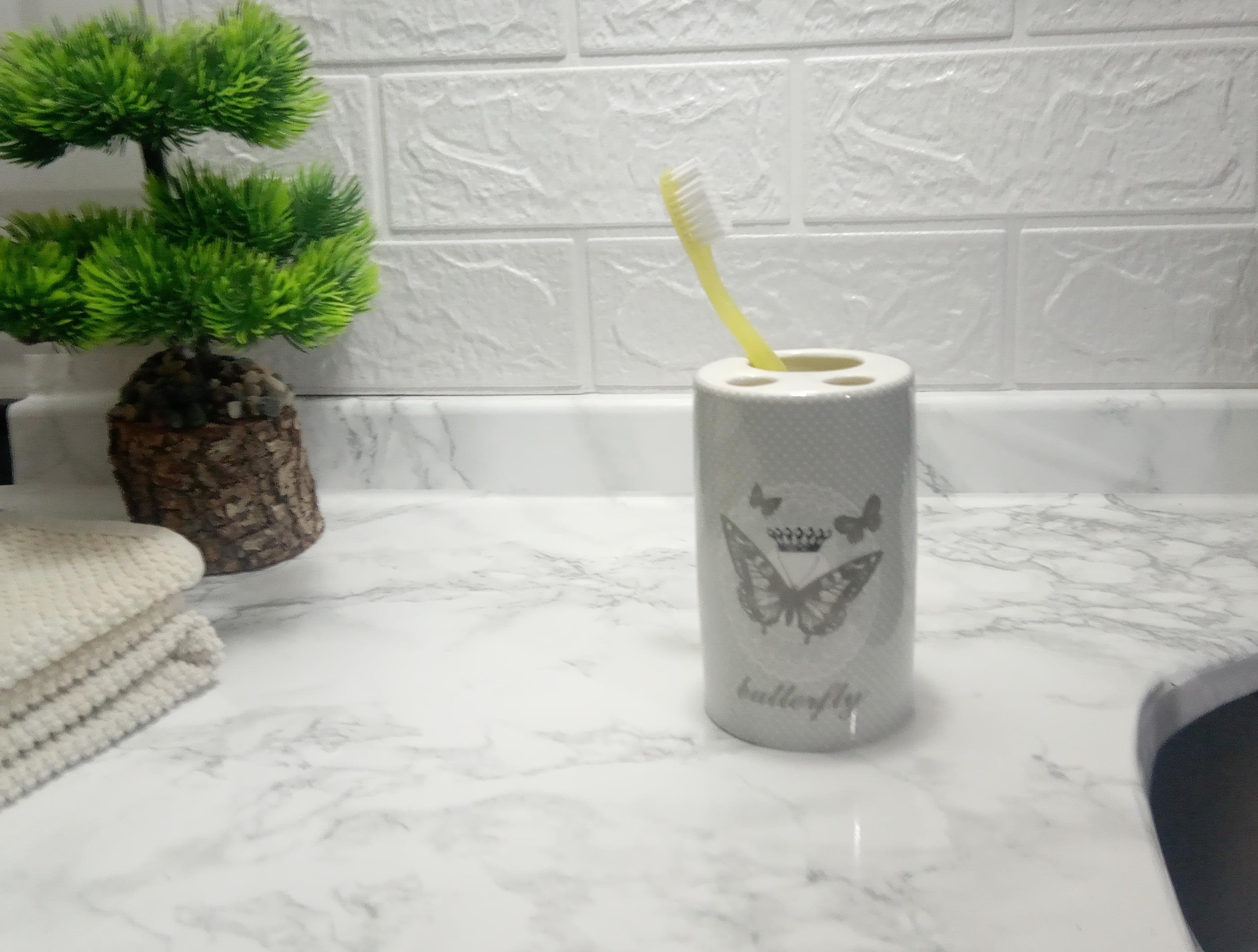 Seramik Diş Fırçalık Kelebek Desenli 7x7x11cm