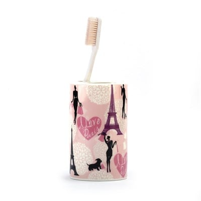 Seramik Diş Fırçalık Kızlı Paris Desenli 7x7x11cm