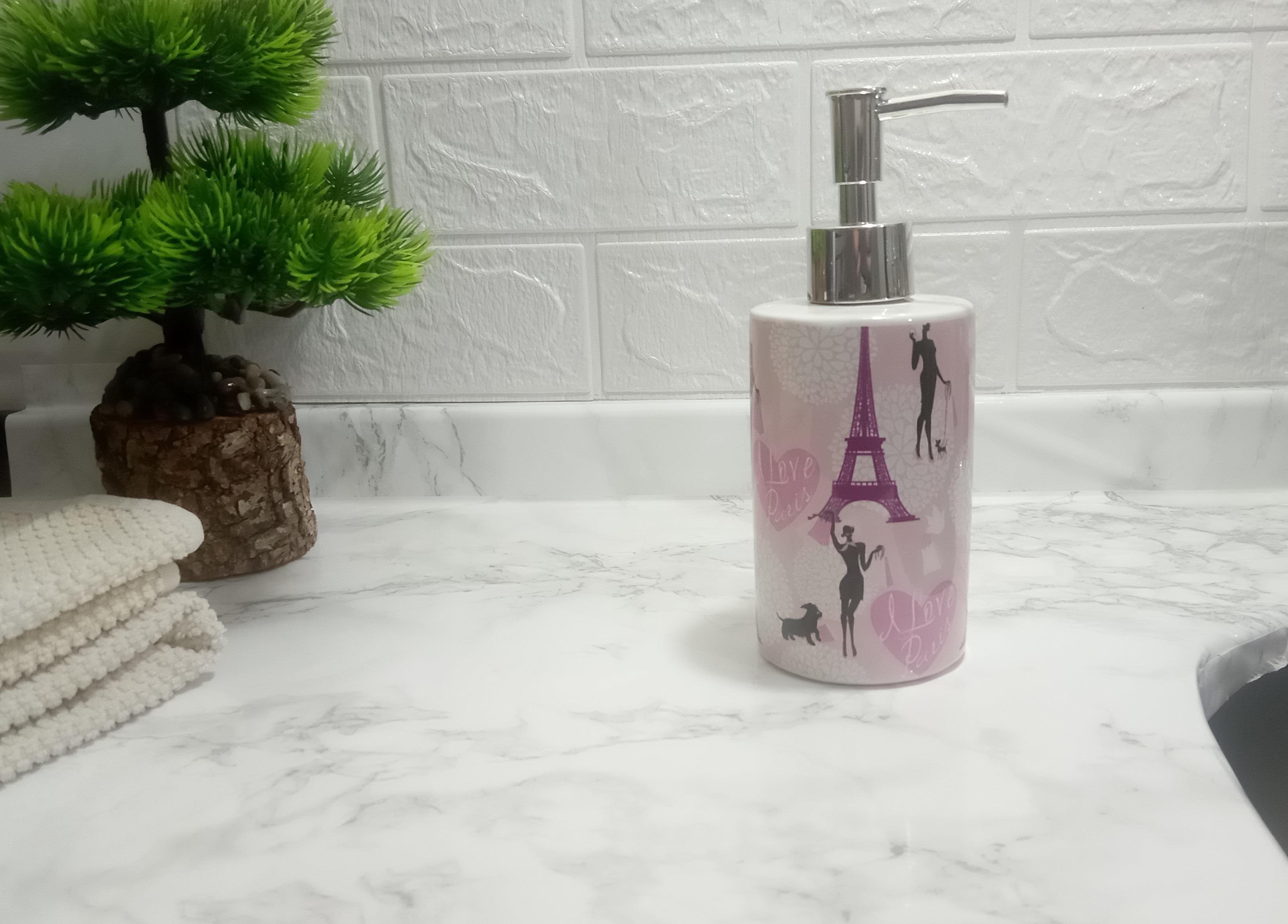 Seramik Sıvı Sabunluk Kızlı Paris Desenli 7x7x18cm 320ml