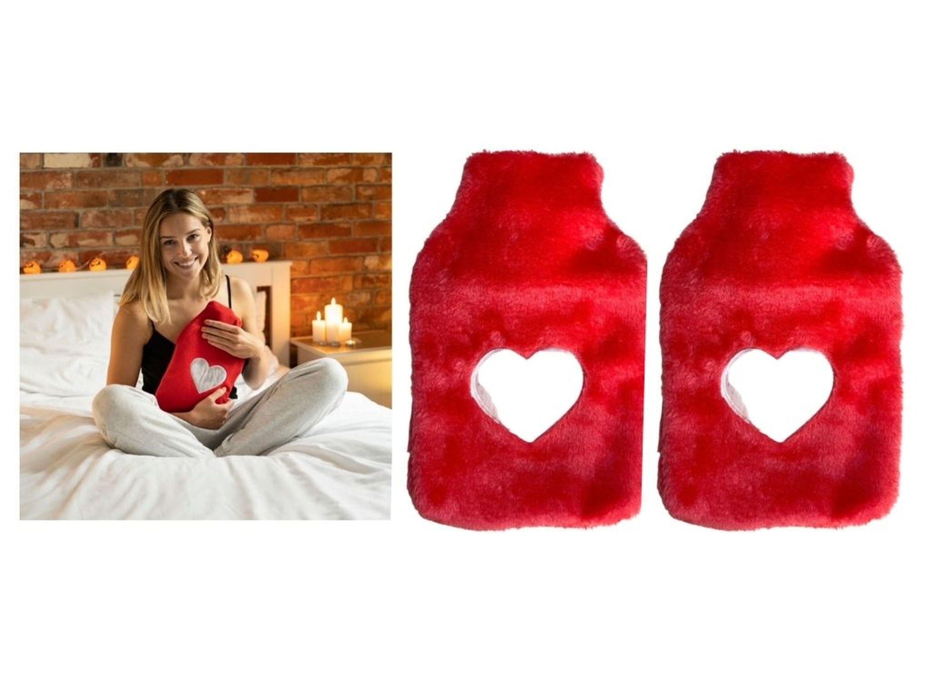 Sıcak Su Torbası 2 Adet,Peluş Kalpli,Pembe Termofor 26X17X2Cm 1 Litre