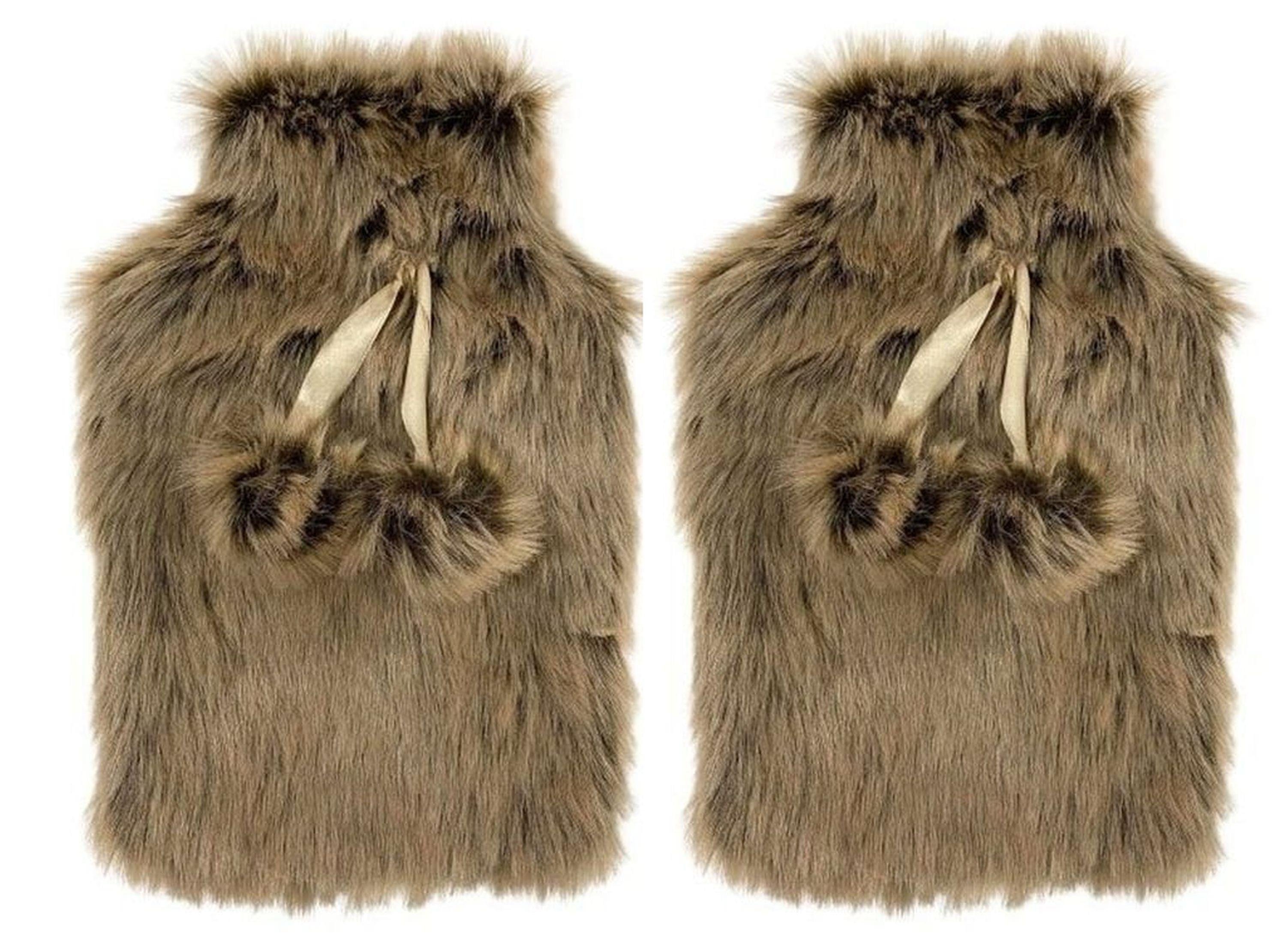 Sıcak Su Torbası 2 Adet,Peluş Ponponlu Kahverengi 28X18X2Cm 1 Litre