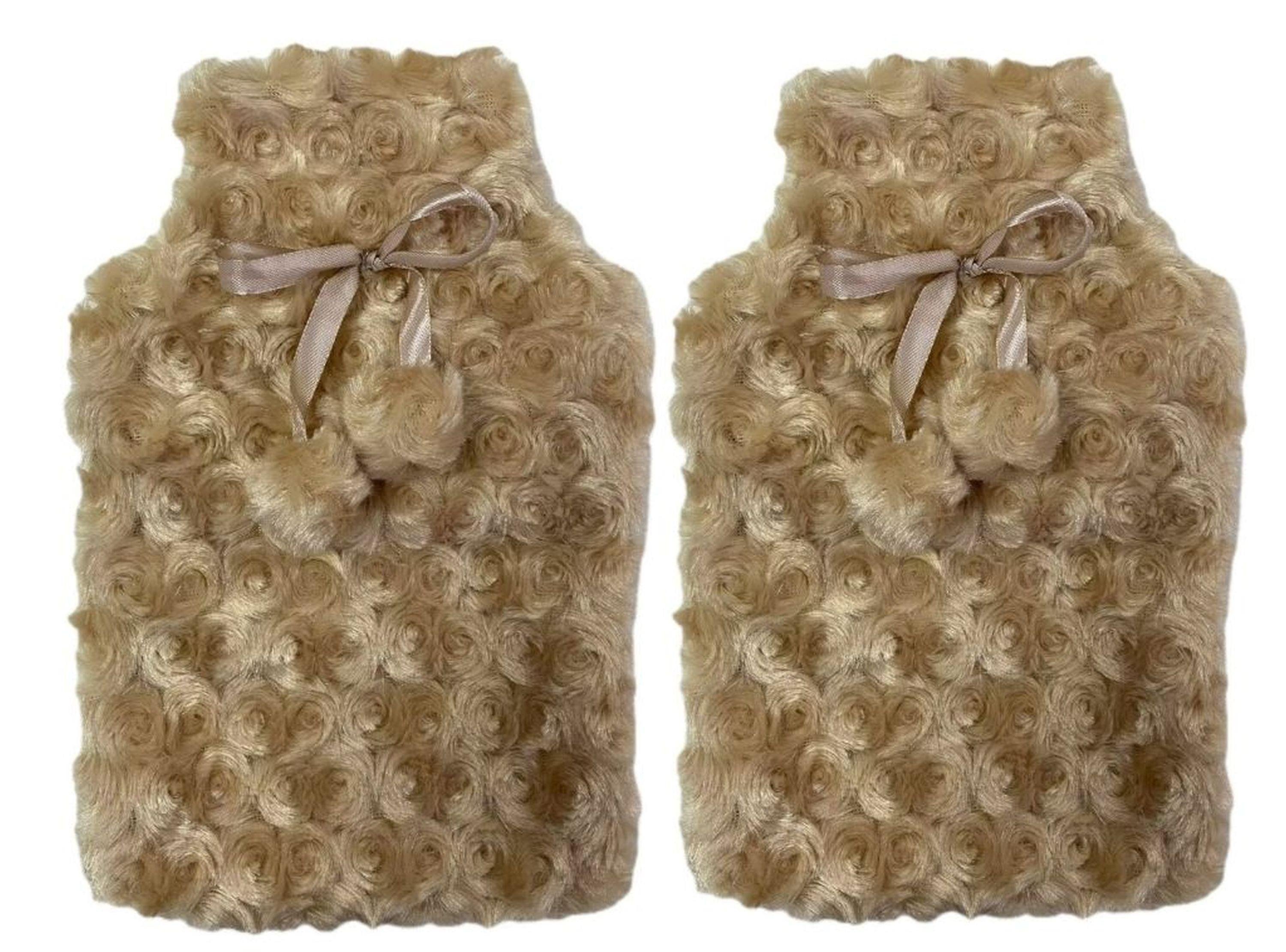Sıcak Su Torbası 2 Adet,Ponponlu Termofor Peluş Bej  28X17Cm 750Ml
