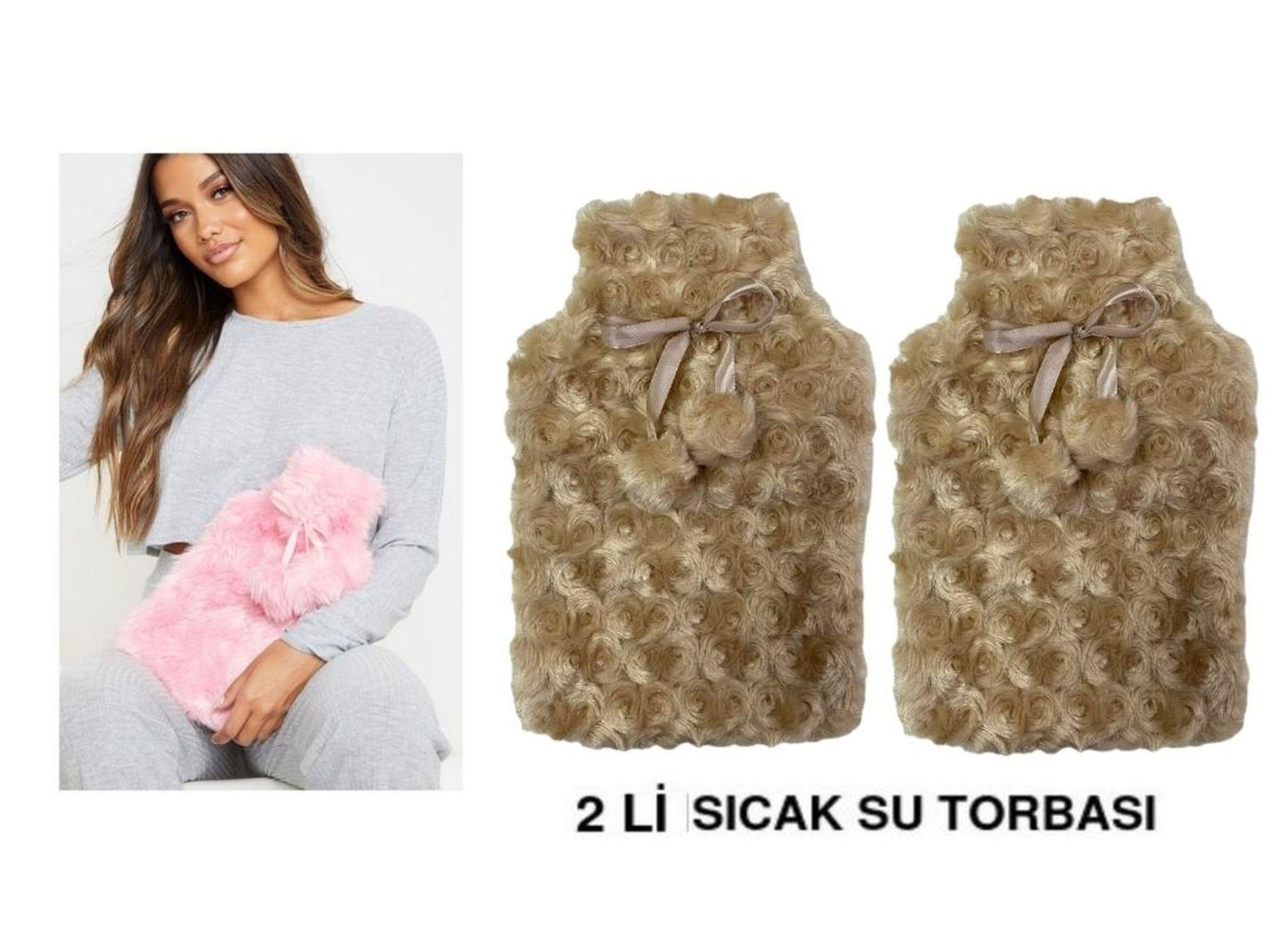 Sıcak Su Torbası 2 Adet,Ponponlu Termofor Peluş Bej  28X17Cm 750Ml
