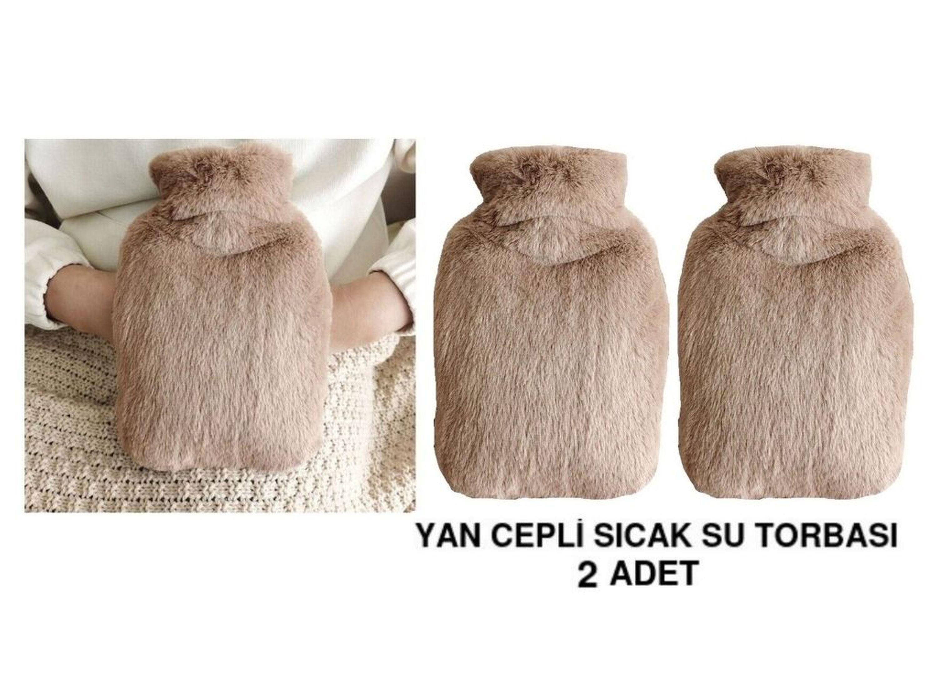 Sıcak Su Torbası 2 Adet,Yan Cepli Bej Peluş Termofor 27X17X2Cm  750Ml