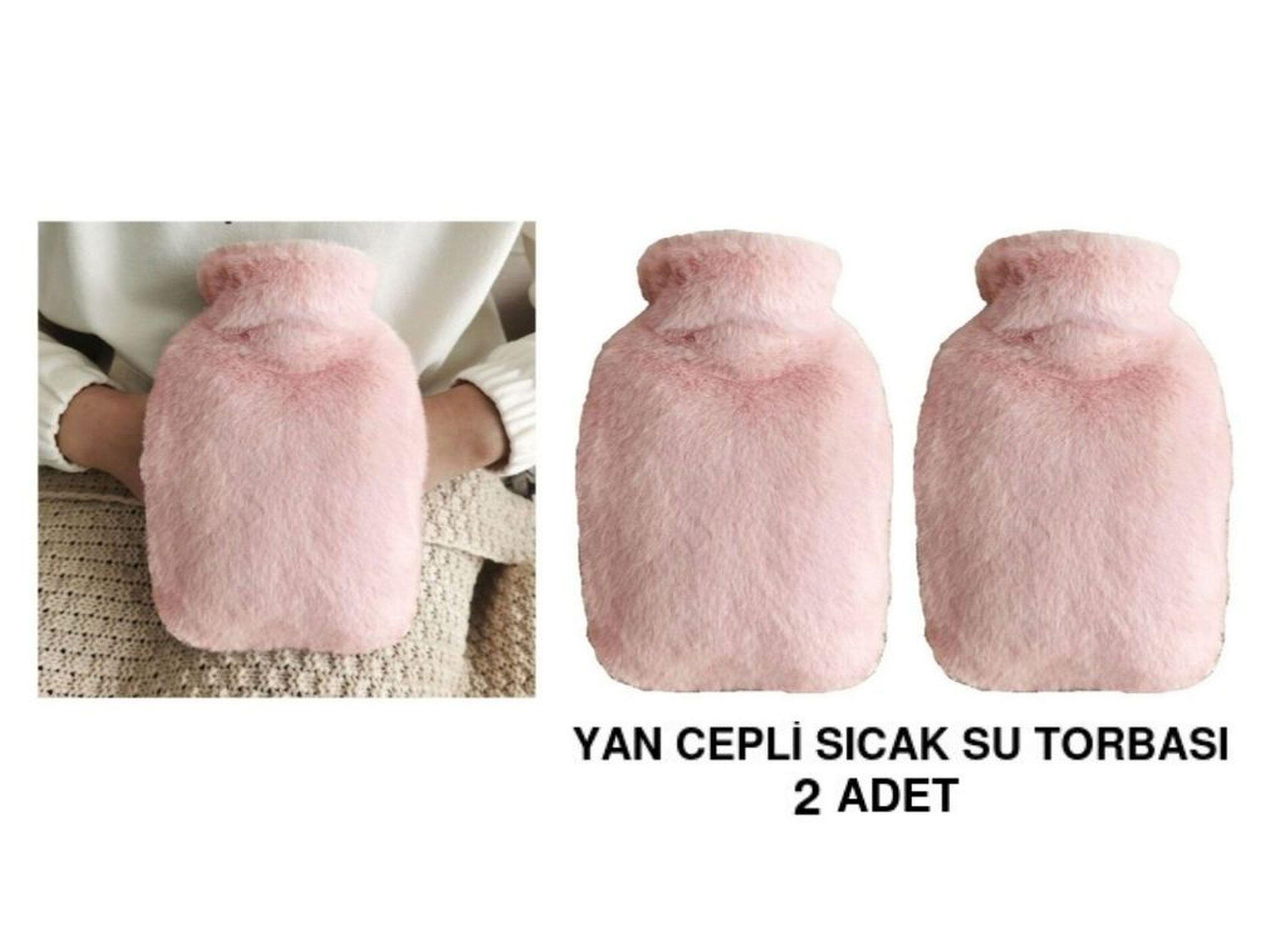 Sıcak Su Torbası 2 Adet,Yan Cepli Pembe Peluş Termofor 27X17X2Cm  750Ml