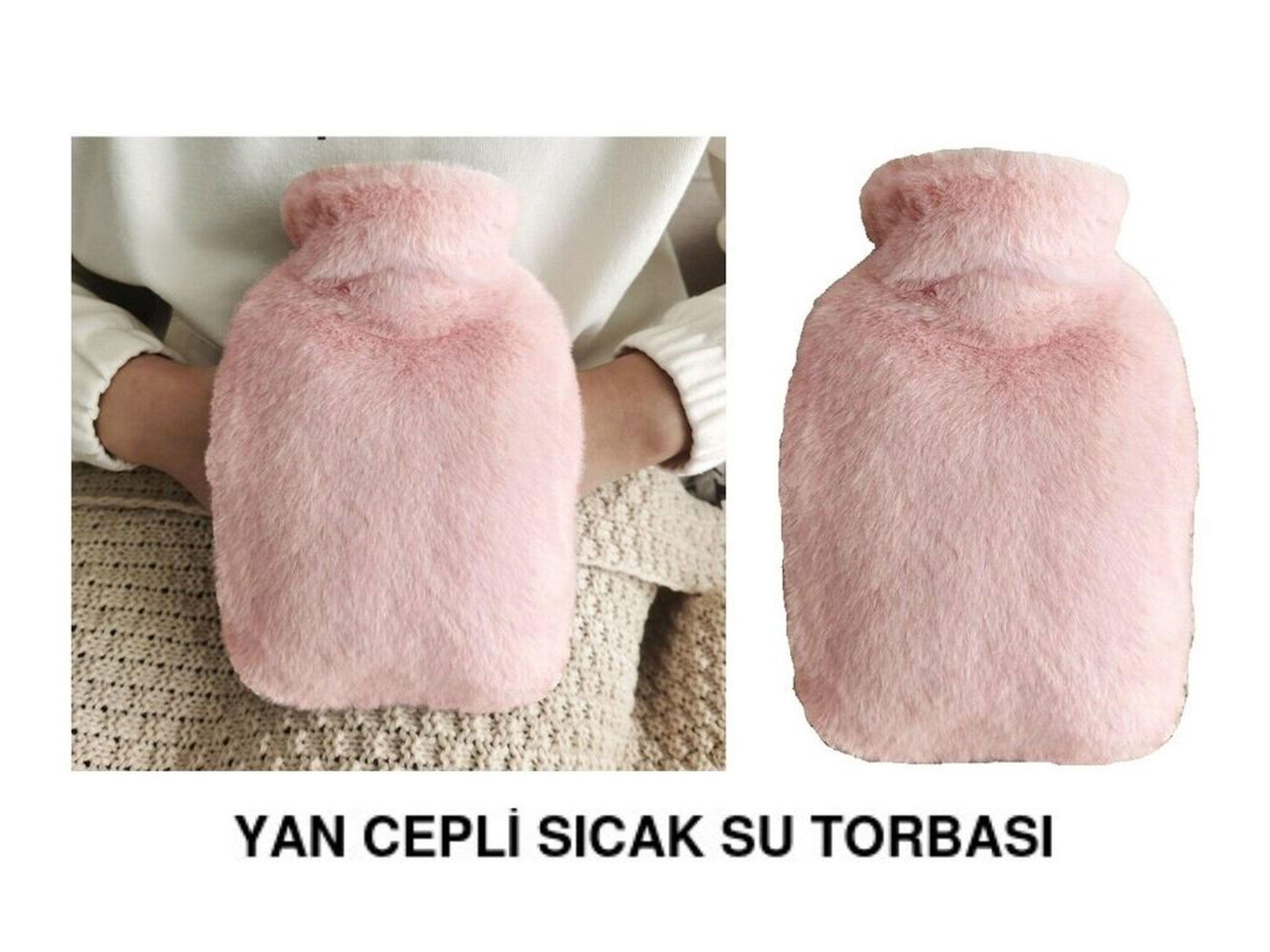 Sıcak Su Torbası Yan Cepli Pembe  Peluş Termofor 27X17X2Cm  1 Litre