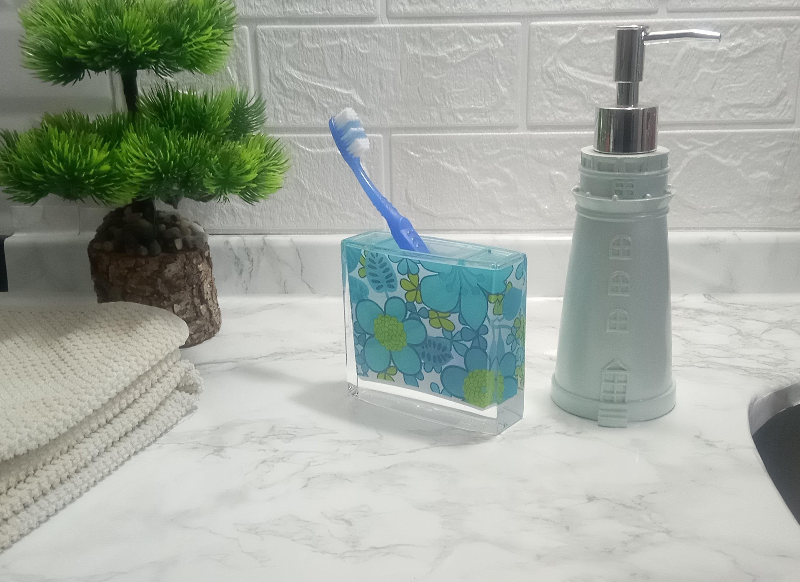 Sıvı Sabunluk Ve Diş Fırçalık 2 Li Banyo Seti,Deniz Feneri Ve Mavi Çiçekli