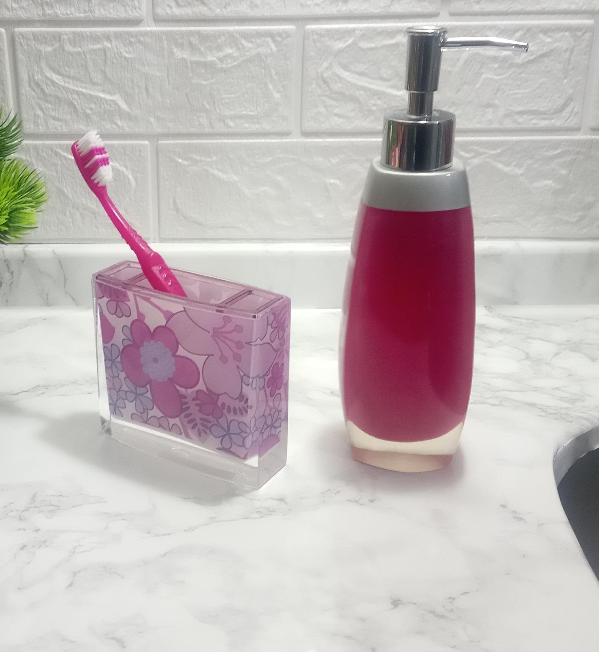 Sıvı Sabunluk Ve Diş Fırçalık 2 Li Banyo Seti,Gri Pembe Ve Çiçekli