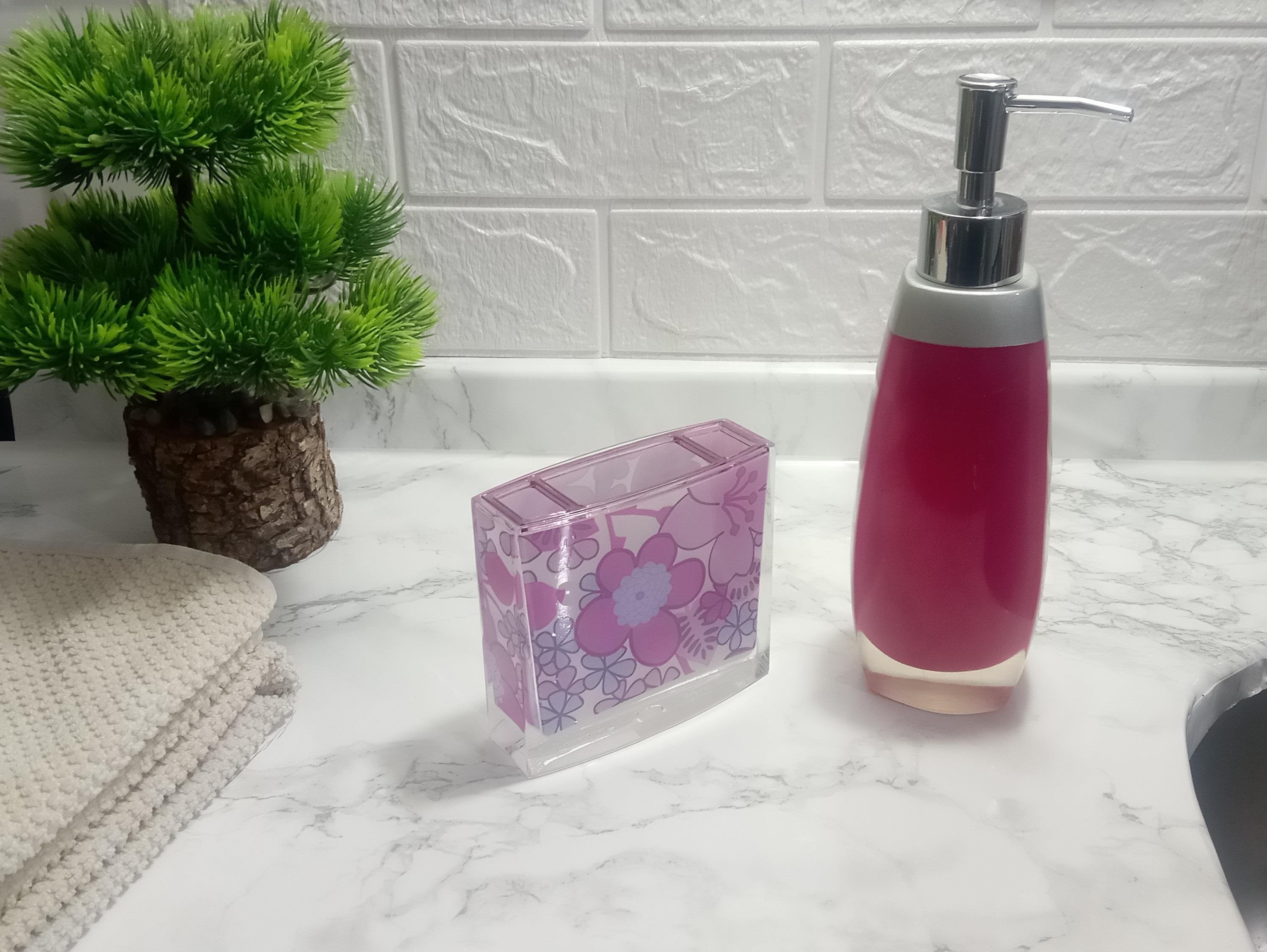 Sıvı Sabunluk Ve Diş Fırçalık 2 Li Banyo Seti,Gri Pembe Ve Çiçekli