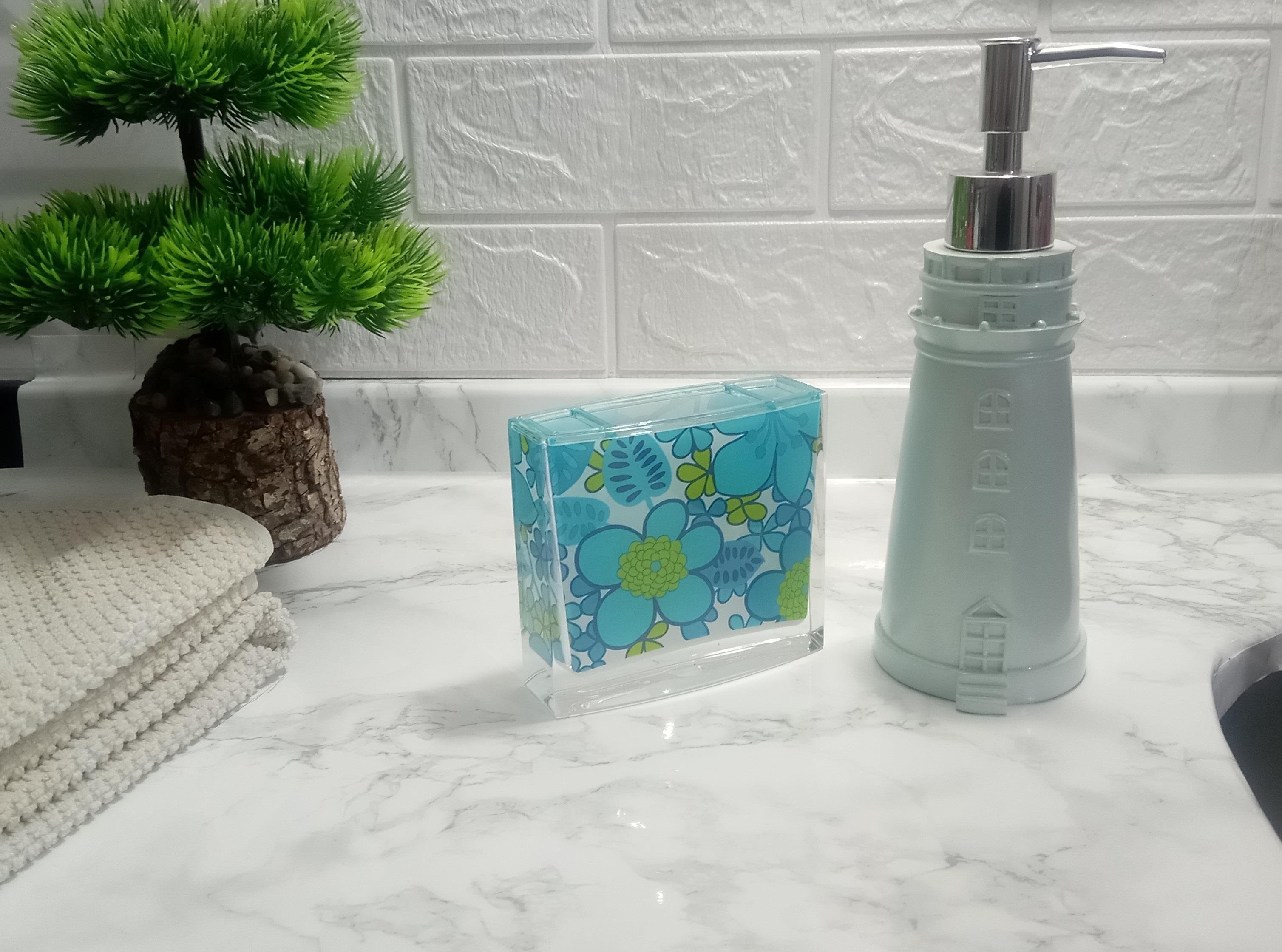 Sıvı Sabunluk Ve Diş Fırçalık 2 Li Banyo Seti,Deniz Feneri Ve Mavi Çiçekli