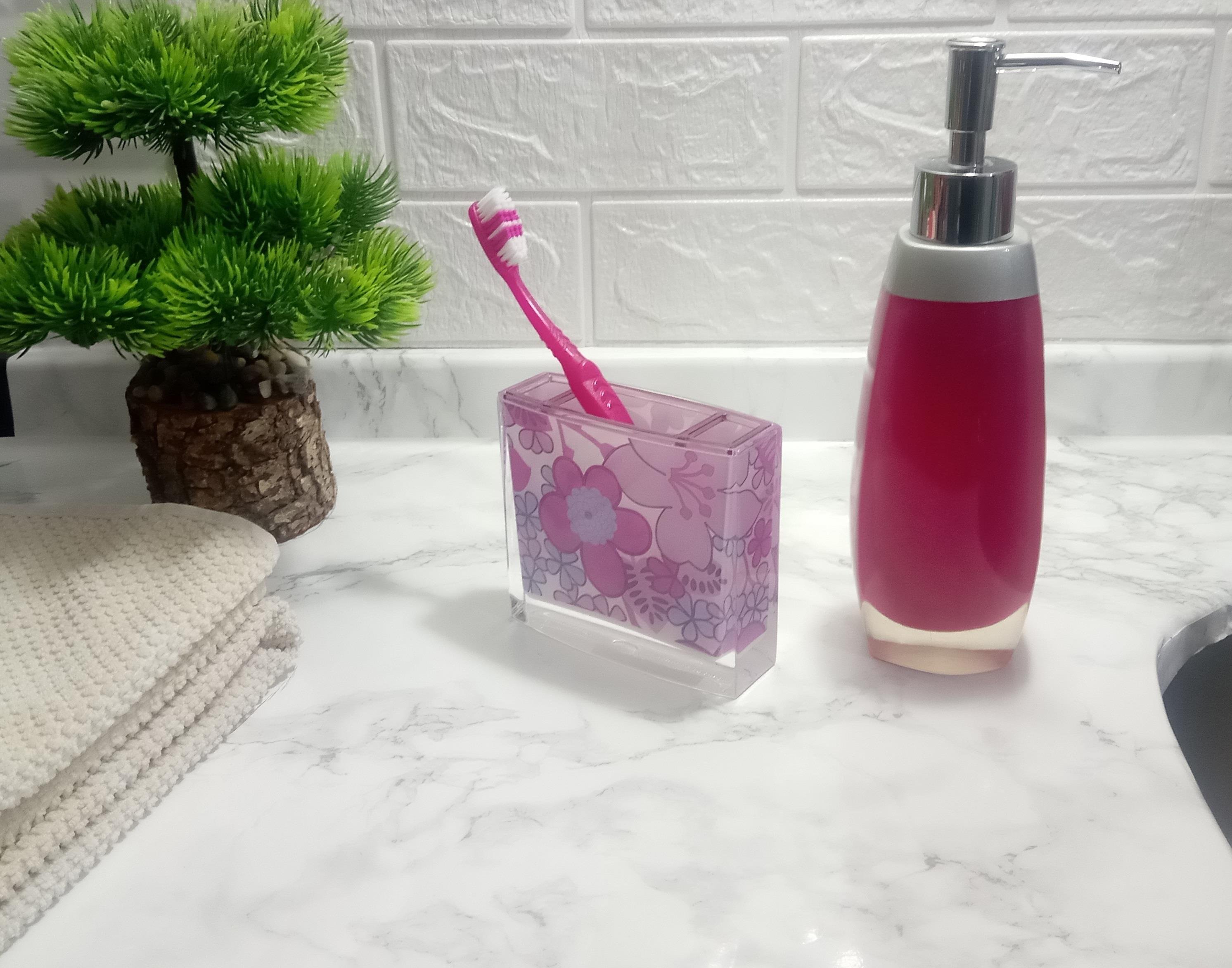 Sıvı Sabunluk Ve Diş Fırçalık 2 Li Banyo Seti,Gri Pembe Ve Çiçekli