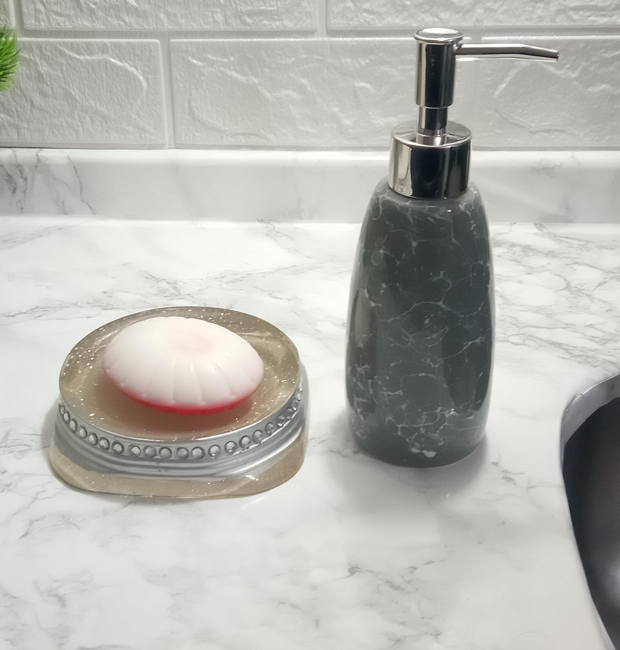 Sıvı Sabunluk Ve Sabunluk 2 Li Banyo Seti,Taşlı Gümüş