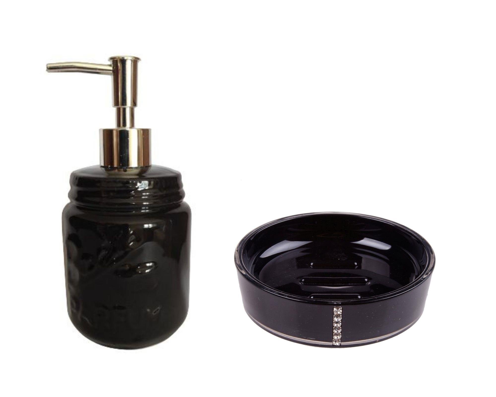 Sıvı Sabunluk Ve Sabunluk 2 Li Banyo Seti,Siyah Taşlı