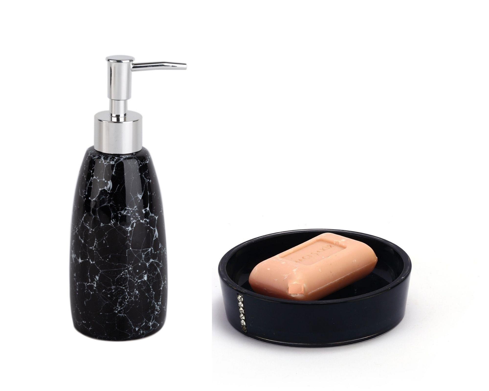 Sıvı Sabunluk Ve Sabunluk 2 Li Banyo Seti,Siyah Taşlı