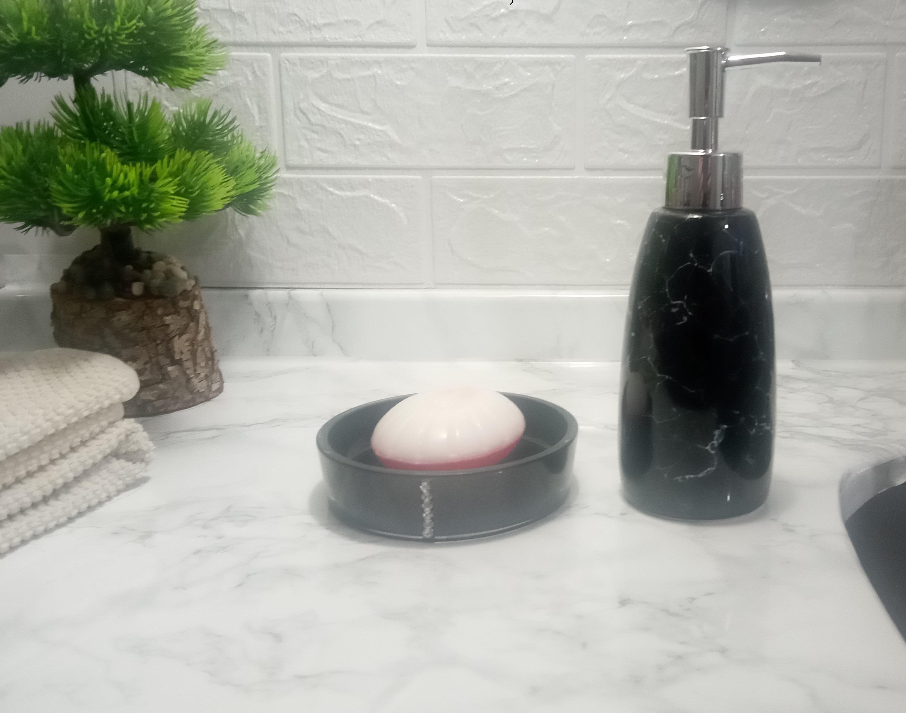 Sıvı Sabunluk Ve Sabunluk 2 Li Banyo Seti,Siyah Taşlı