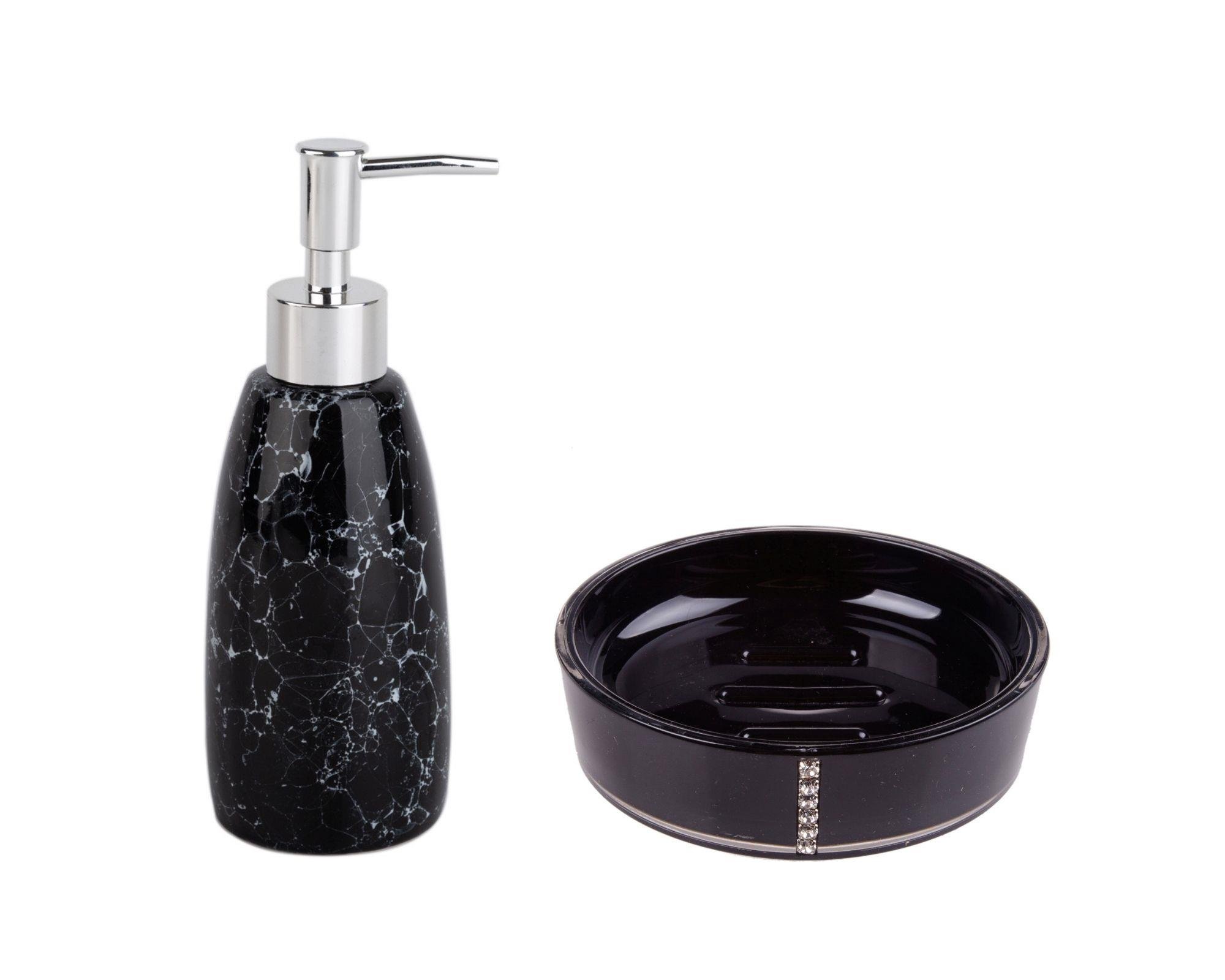 Sıvı Sabunluk Ve Sabunluk 2 Li Banyo Seti,Siyah Taşlı