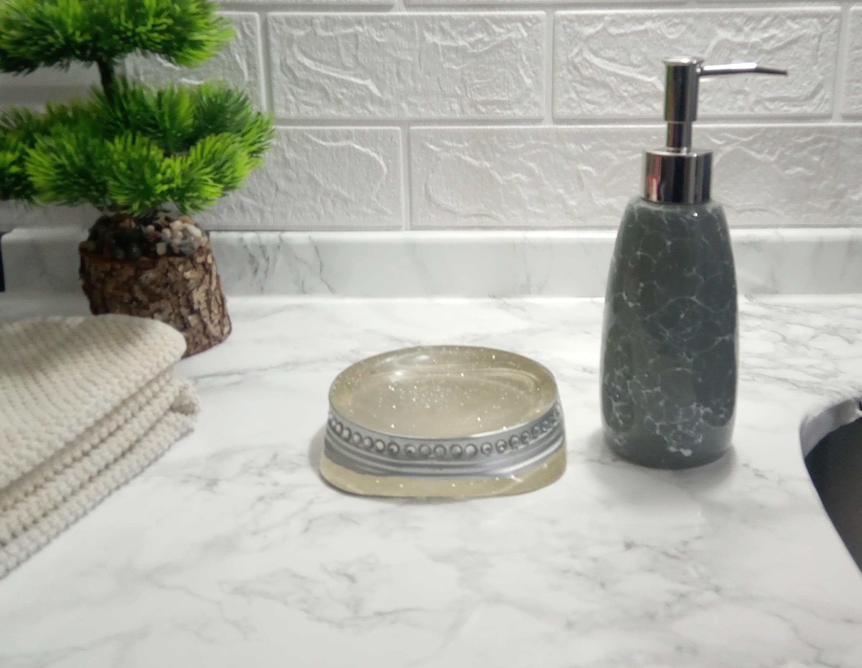 Sıvı Sabunluk Ve Sabunluk 2 Li Banyo Seti,Taşlı Gümüş