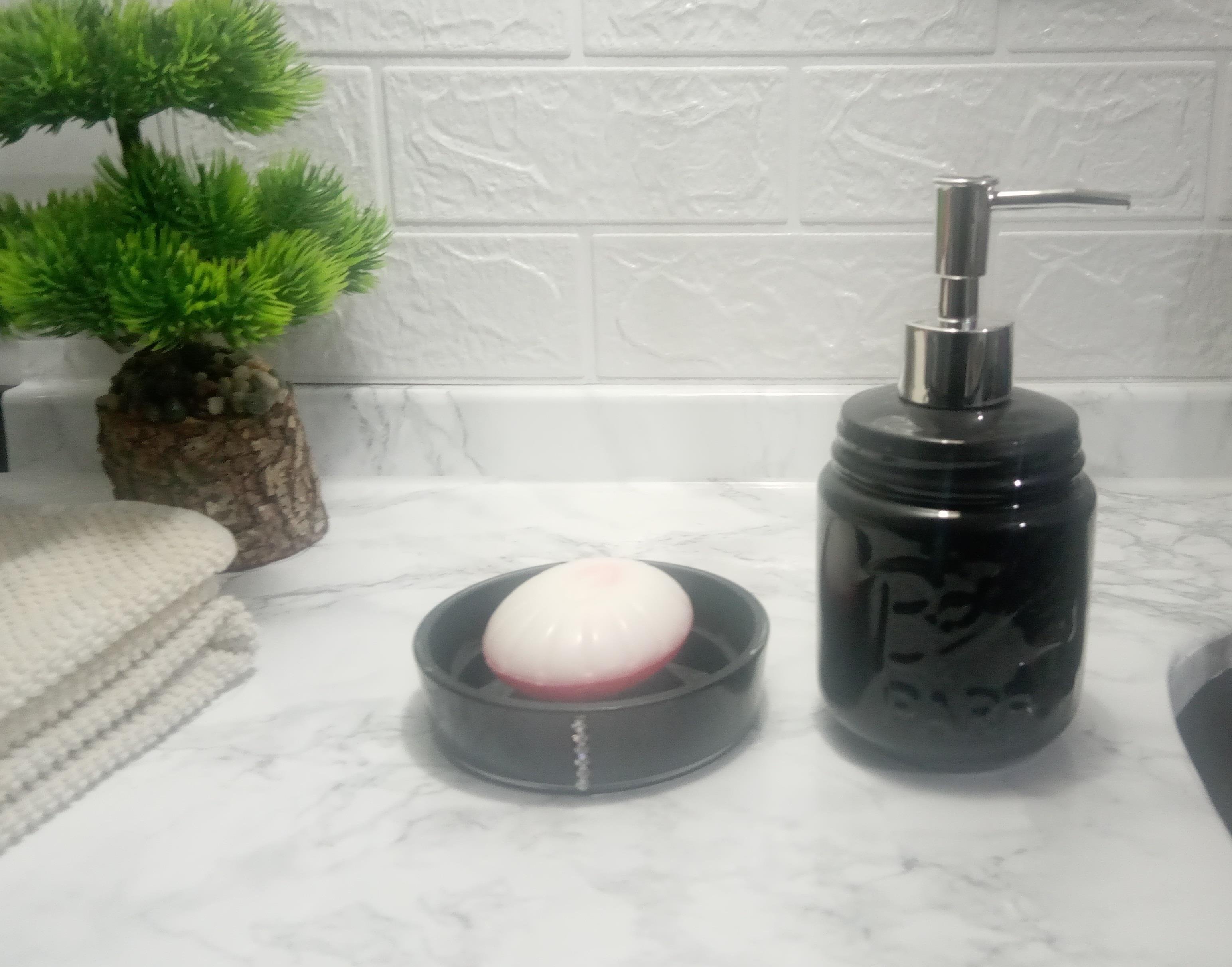Sıvı Sabunluk Ve Sabunluk 2 Li Banyo Seti Siyah Taşlı 