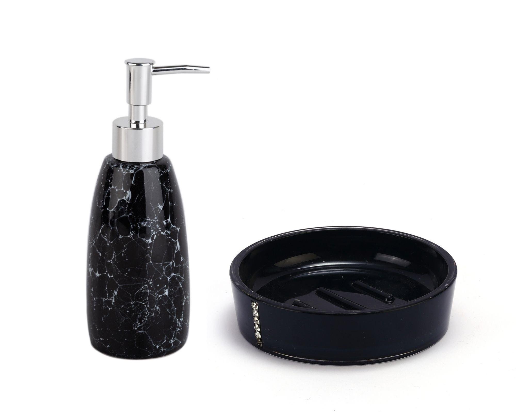 Sıvı Sabunluk Ve Sabunluk 2 Li Banyo Seti,Siyah Taşlı