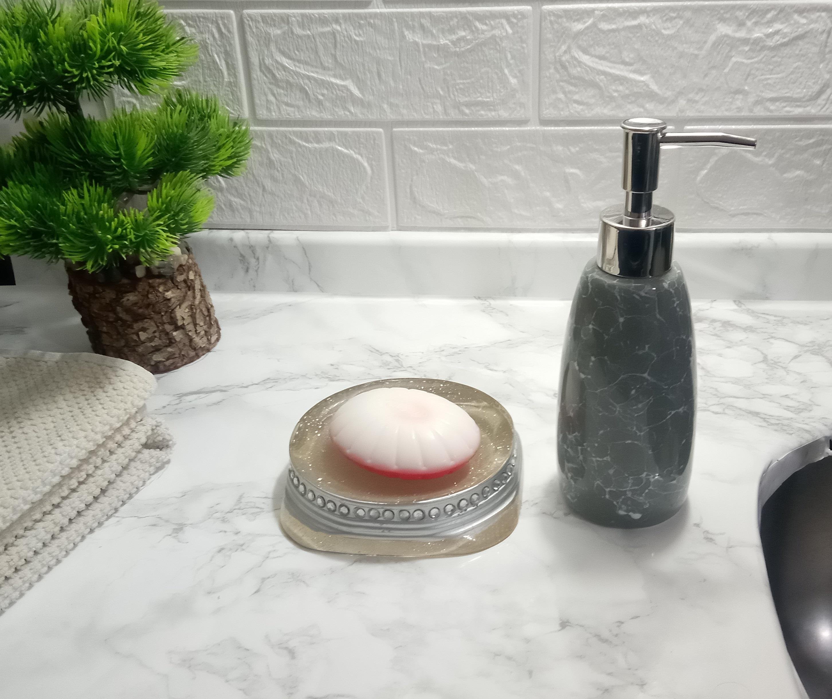 Sıvı Sabunluk Ve Sabunluk 2 Li Banyo Seti,Taşlı Gümüş