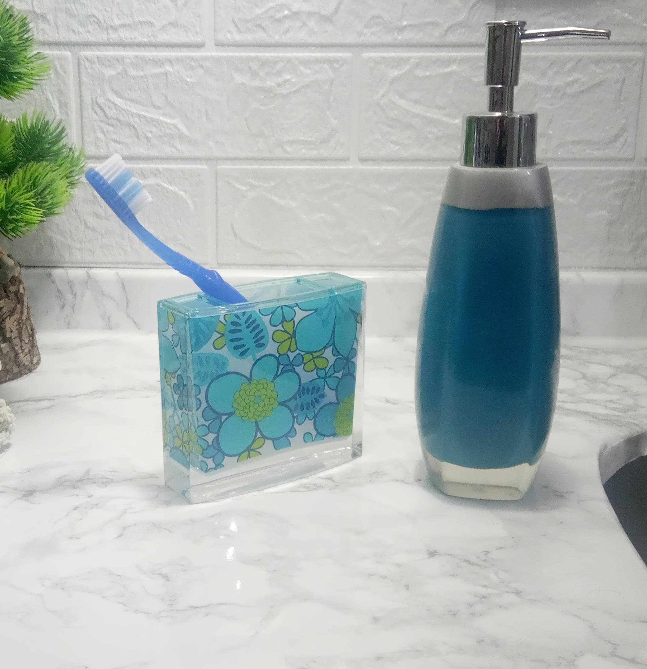 Sıvı Sabunluk,Diş Fırçalık 2 Li Banyo Seti,Gri Mavi Ve Çiçekli